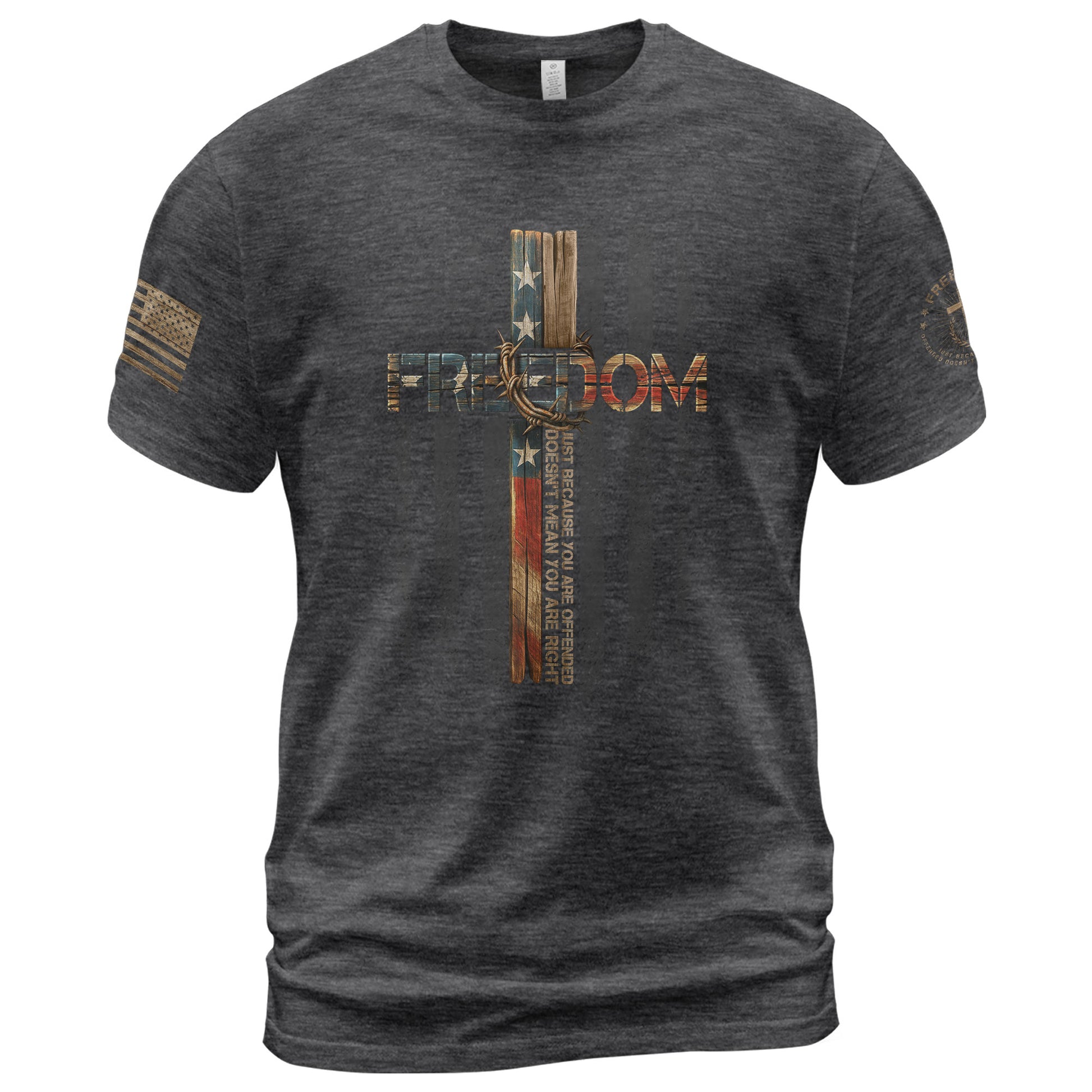 Freedom T Shirt, Freedom Memorial American Flag Cross - Freedom Shirts for Men - Rust Field Wear
