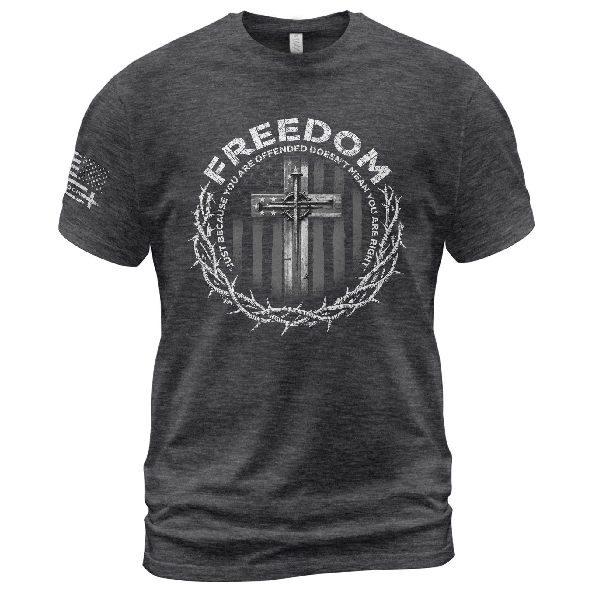 Freedom Shirts for Men, Freedom Memorial American Flag Cross with Crown of Thorns and Quote - Patriotic T Shirts - Rust Field Wear