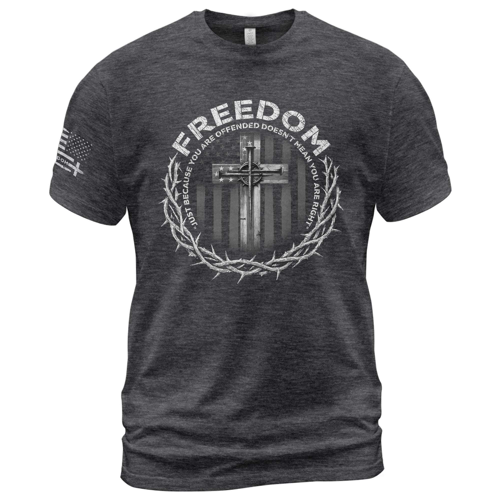 Freedom Shirts for Men, Freedom Memorial American Flag Cross with Crown of Thorns and Quote - Patriotic T Shirts - Rust Field Wear