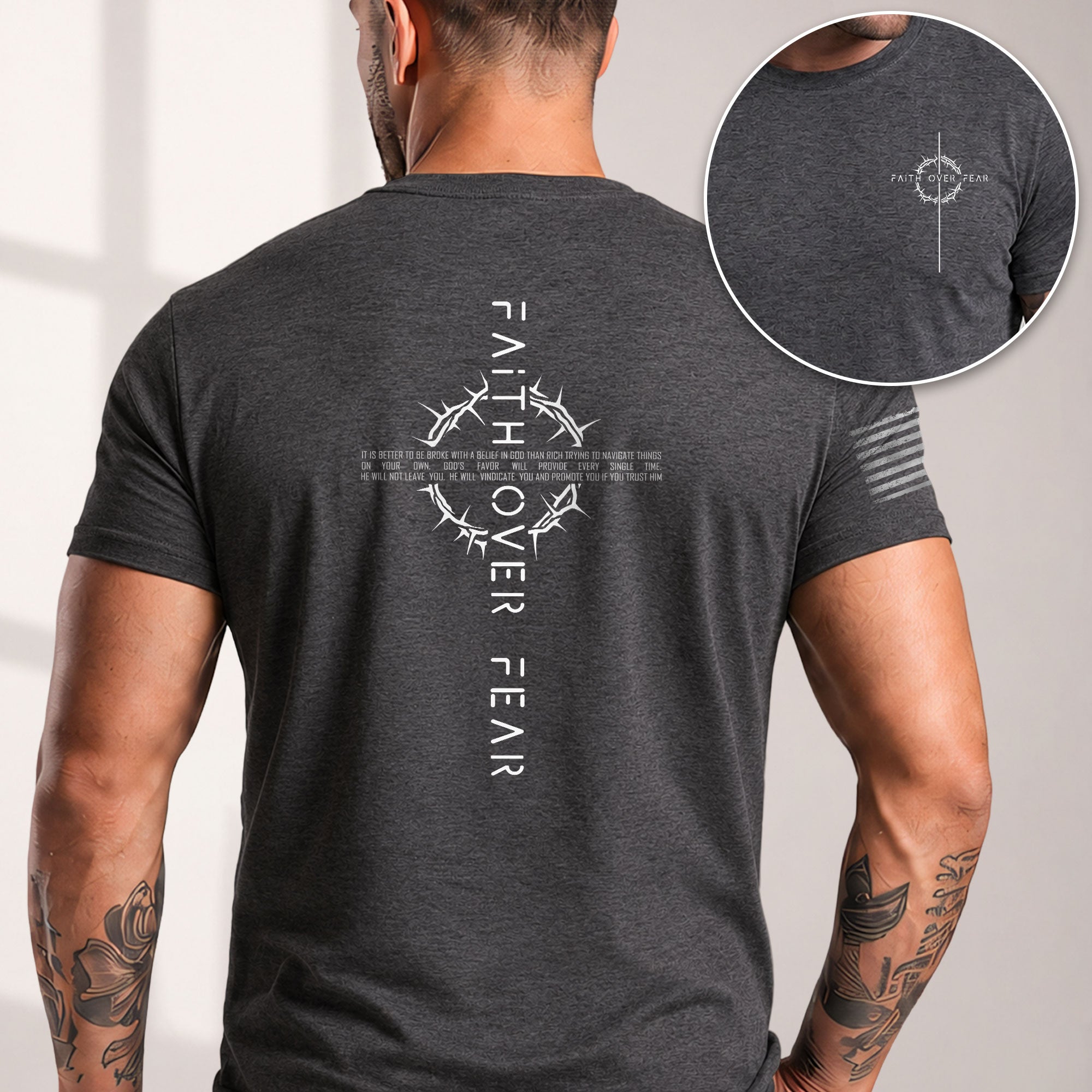 Christian Shirts for Men, Faith Over Fear Crown of Thorns Cross Christian - Christian Tee Shirts - Rust Field Wear
