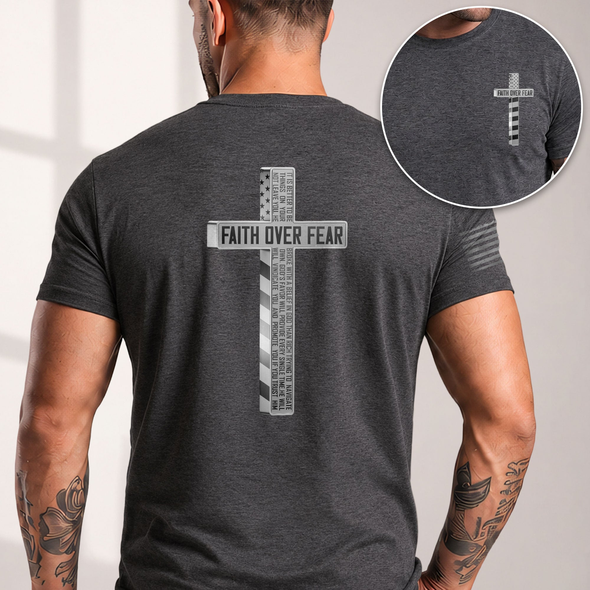 Faith Over Fear American USA Flag Cross Christian, Christian Tee Shirts - Faith Shirts for Men - Rust Field Wear