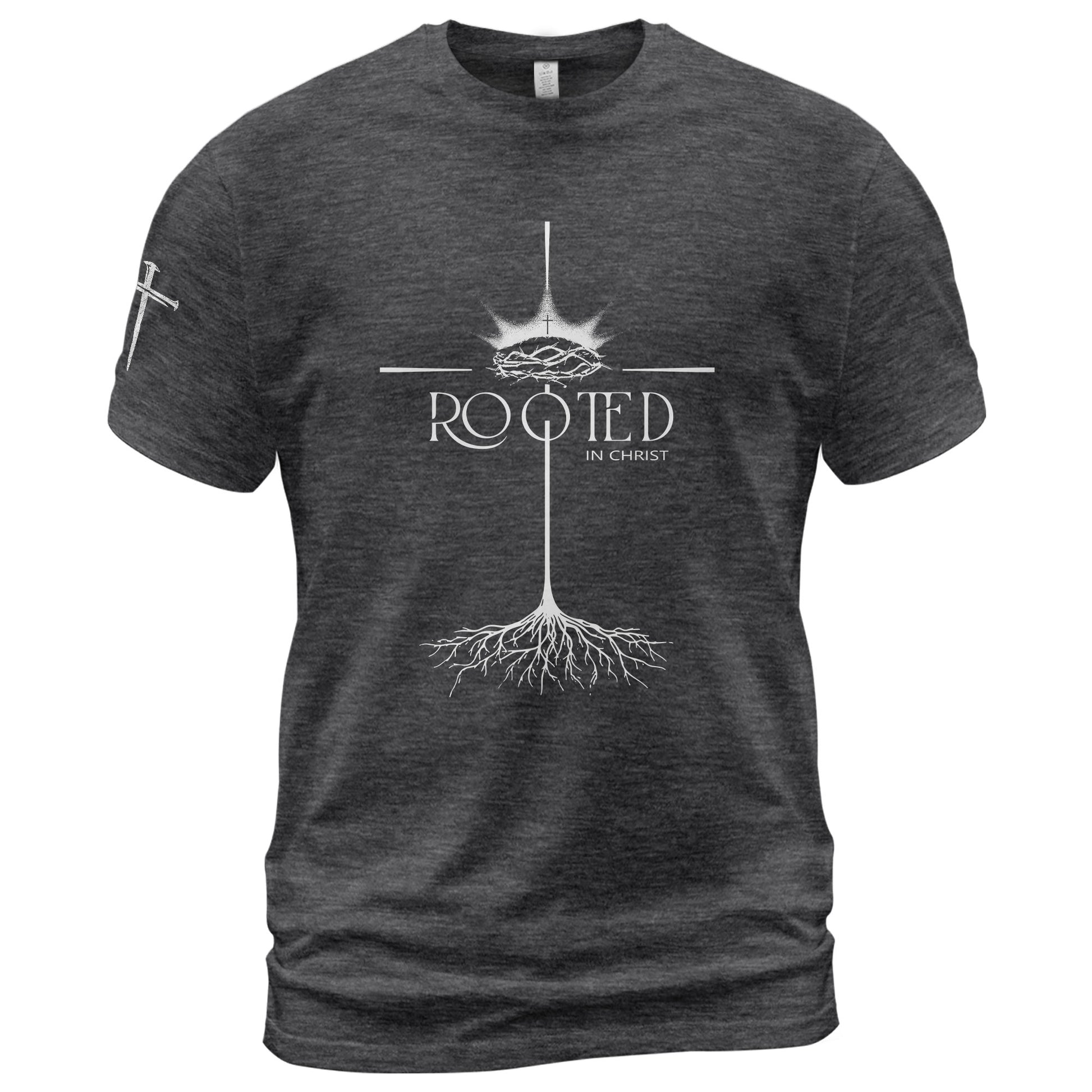 Faith Based Christian Tee Shirts, Rooted In Christ Christian With Crown Of Thorns And Cross Roots - Christian Shirts for Men - Rust Field Wear
