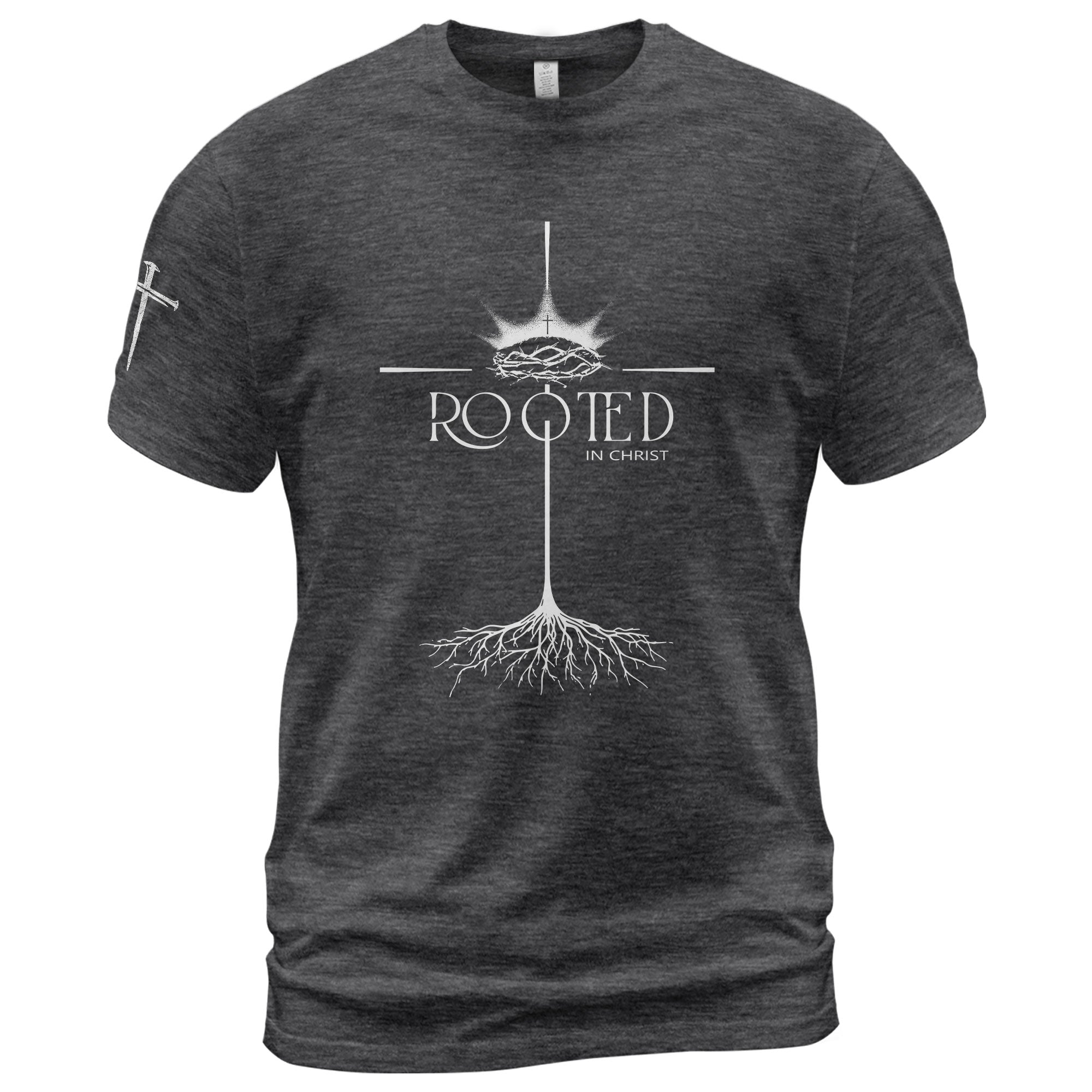 Faith Based Christian Tee Shirts, Rooted In Christ Christian With Crown Of Thorns And Cross Roots - Christian Shirts for Men - Rust Field Wear