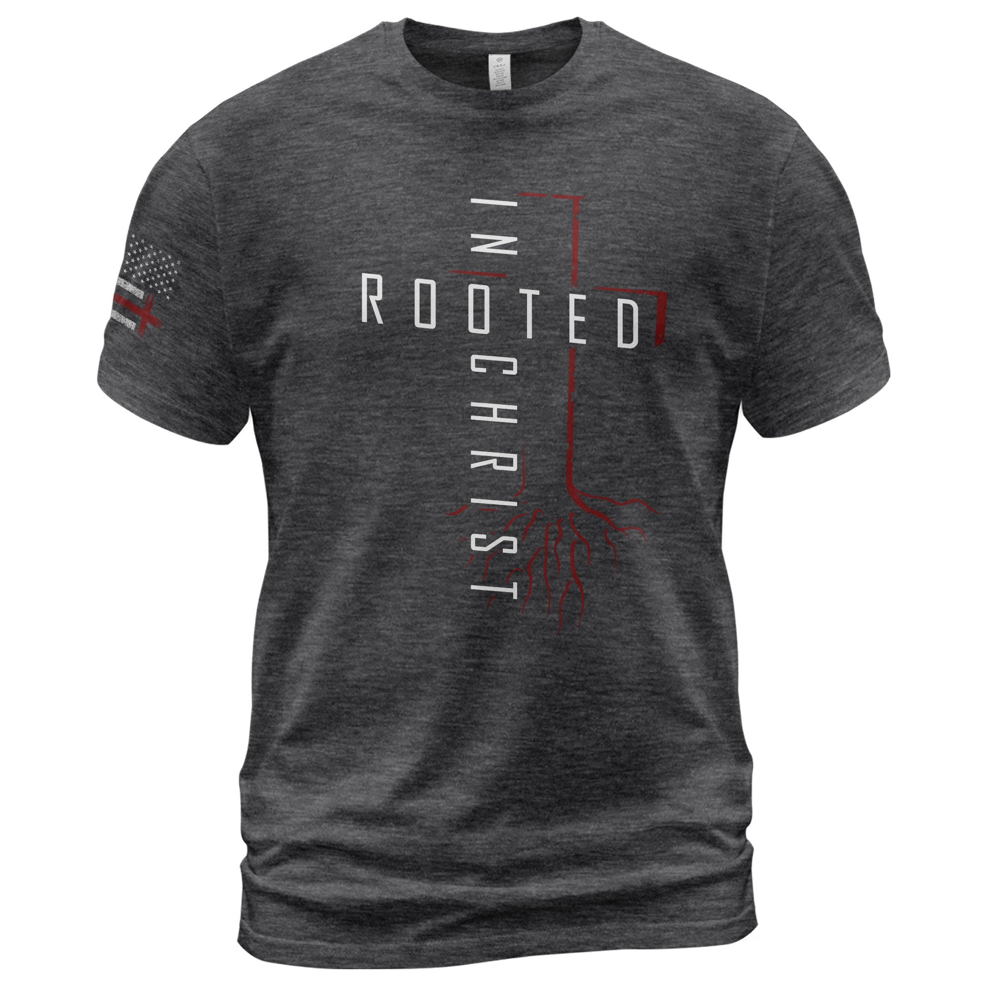 Christian Tee Shirts, Rooted In Christ Red Cross and Roots Christian - Christian Shirts for Men - Rust Field Wear