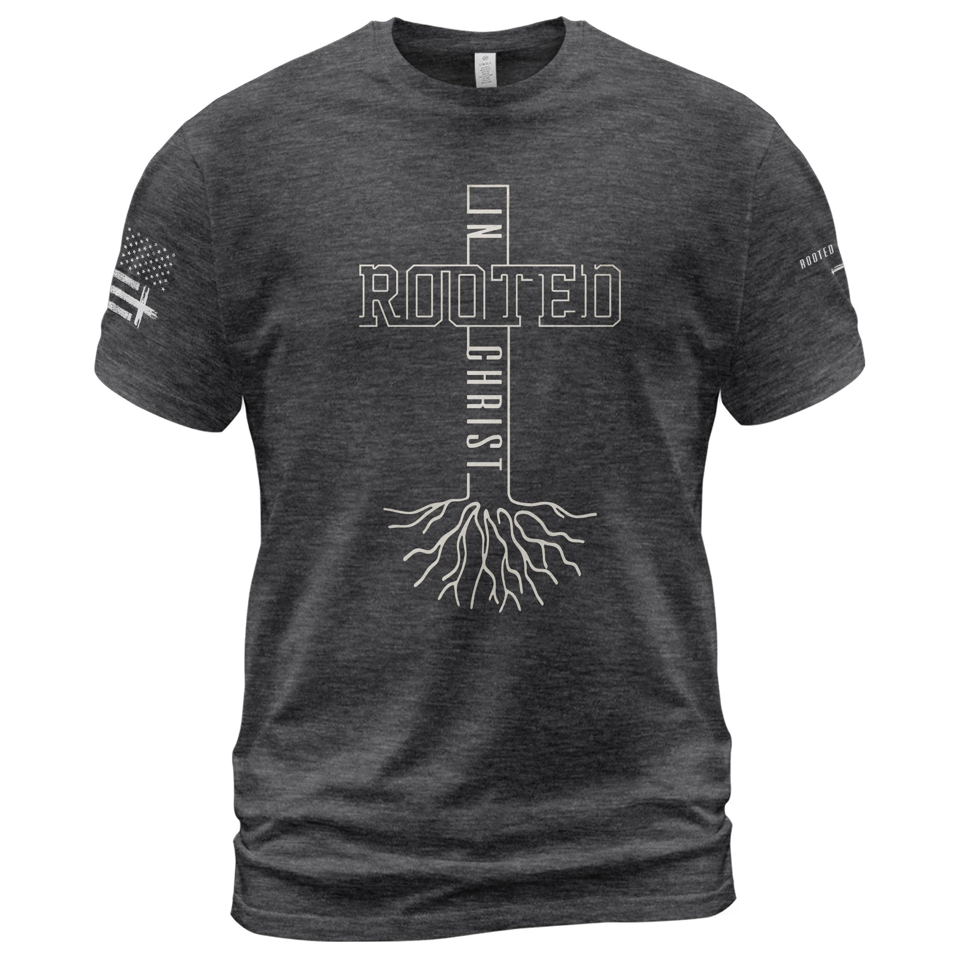Rooted In Christ Bold Cross Roots Christian, Christian Tee Shirts - Faith Shirts for Men - Rust Field Wear
