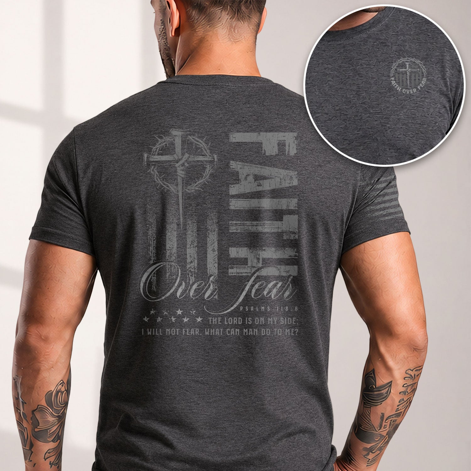 Christian Shirts for Men, Faith Over Fear Psalms 118:6 American Flag Cross Christian - Christian Tee Shirts - Rust Field Wear