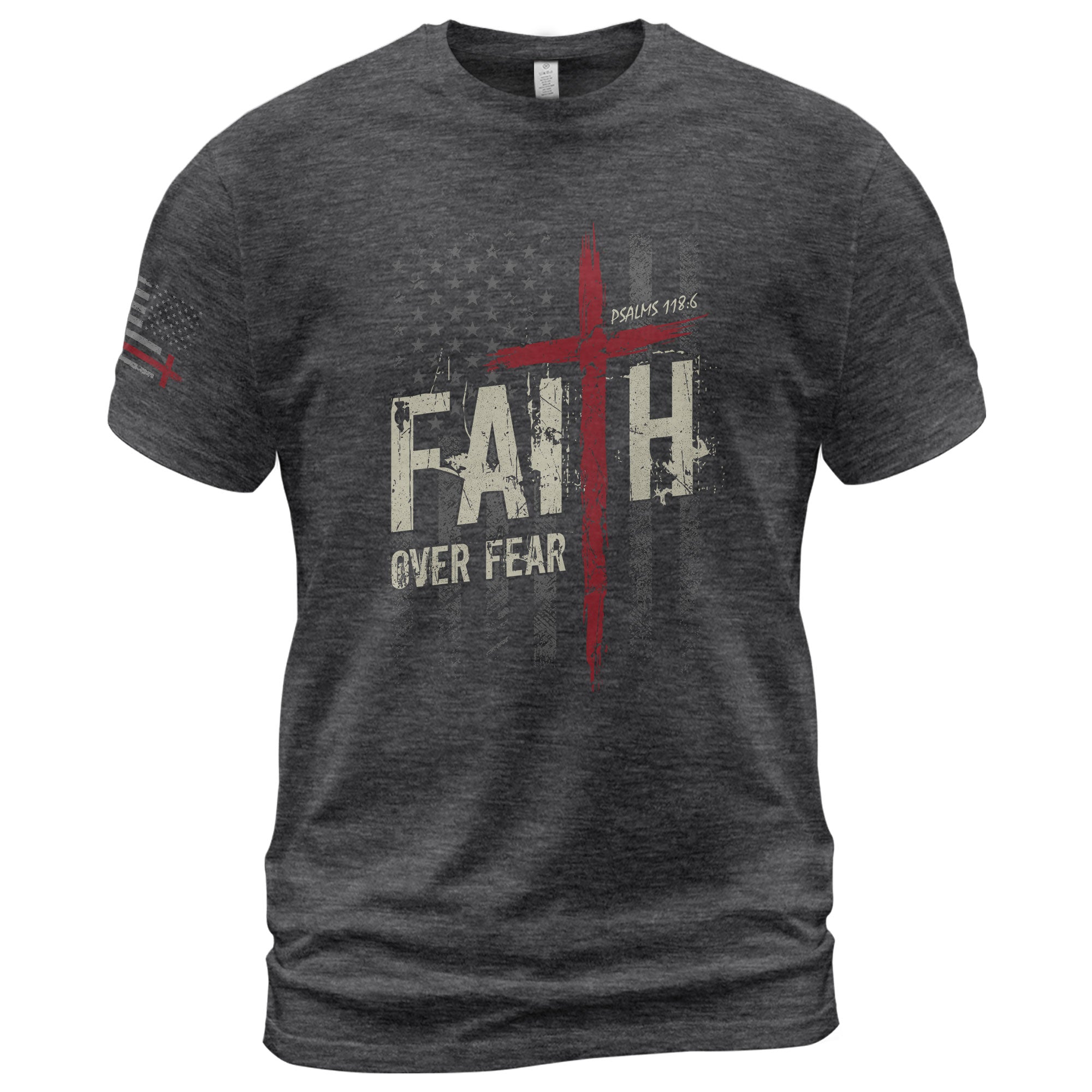 Christian Tee Shirts, Faith Over Fear Psalms 118:6 Red Cross American Flag Christian - Christian Shirts for Men - Rust Field Wear