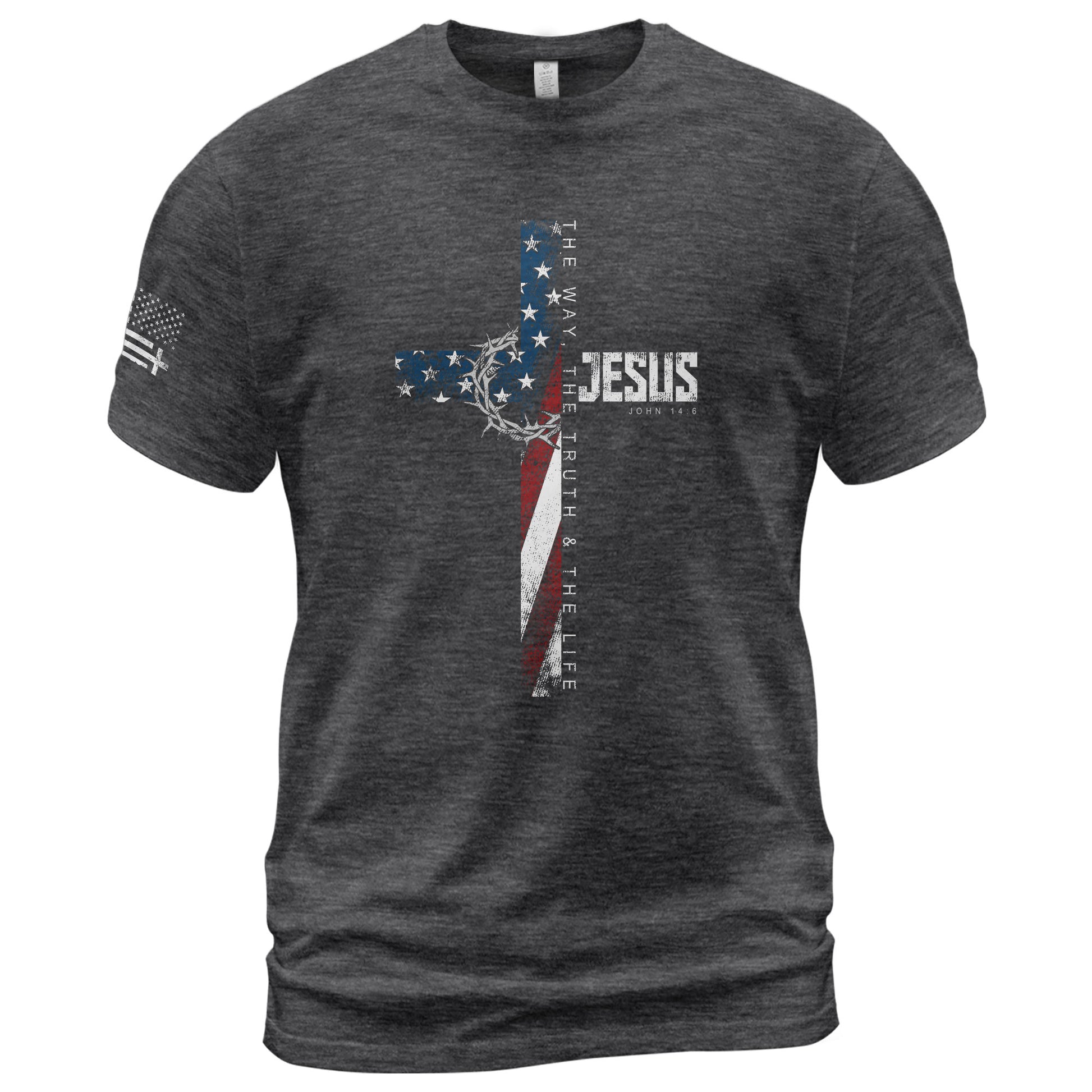 Christian Shirts for Men, Jesus John 14:6 American Flag Cross Crown Christian - Christian Tee Shirts - Rust Field Wear