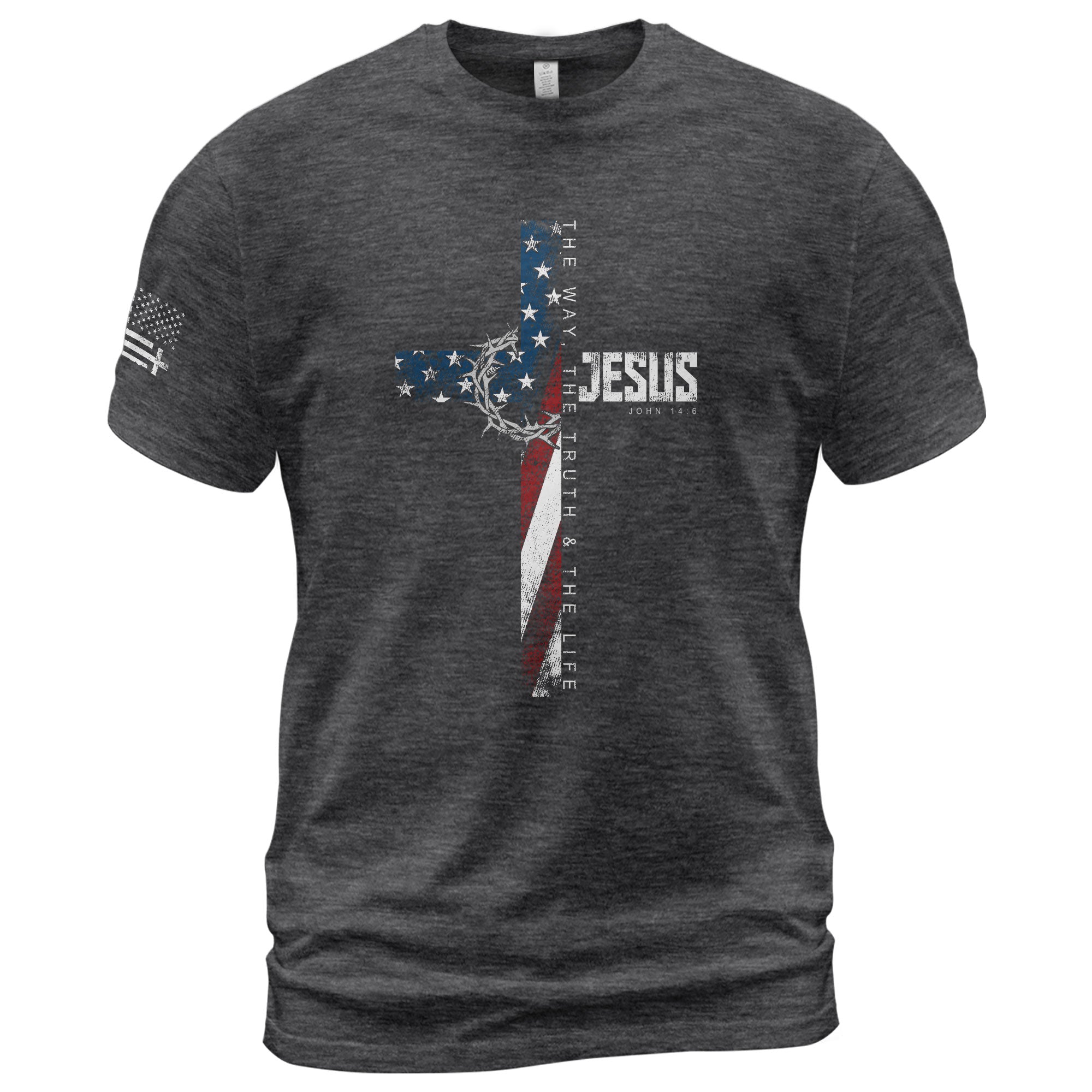 Christian Shirts for Men, Jesus John 14:6 American Flag Cross Crown Christian - Christian Tee Shirts - Rust Field Wear