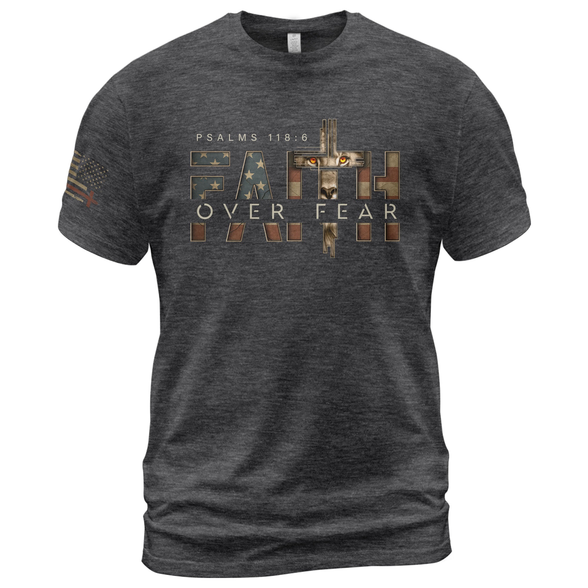 Faith Over Fear Lion Cross American Flag Psalms 118:6 Christian, Christian Tee Shirts - Faith Shirts for Men - Rust Field Wear
