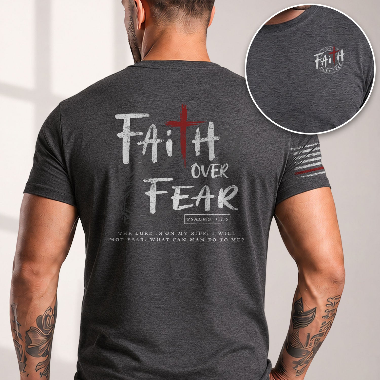 Christian Tee Shirts, Faith Over Fear Cross Crown of Thorns Psalms 118:6 Christian - Christian Shirts for Men - Rust Field Wear