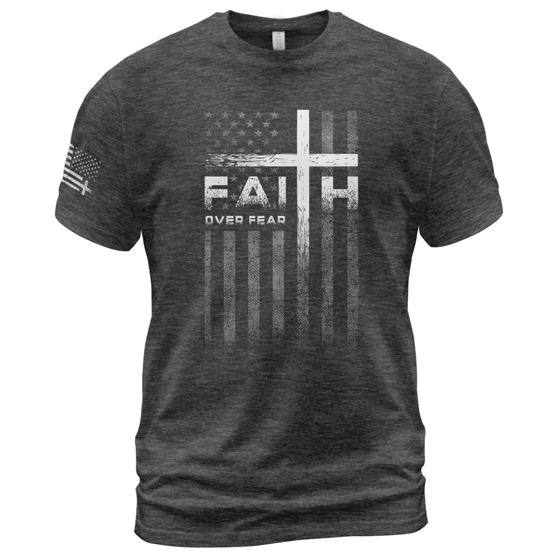 Christian Shirts for Men, Faith Over Fear Christian Cross American Flag Design - Christian Tee Shirts - Rust Field Wear