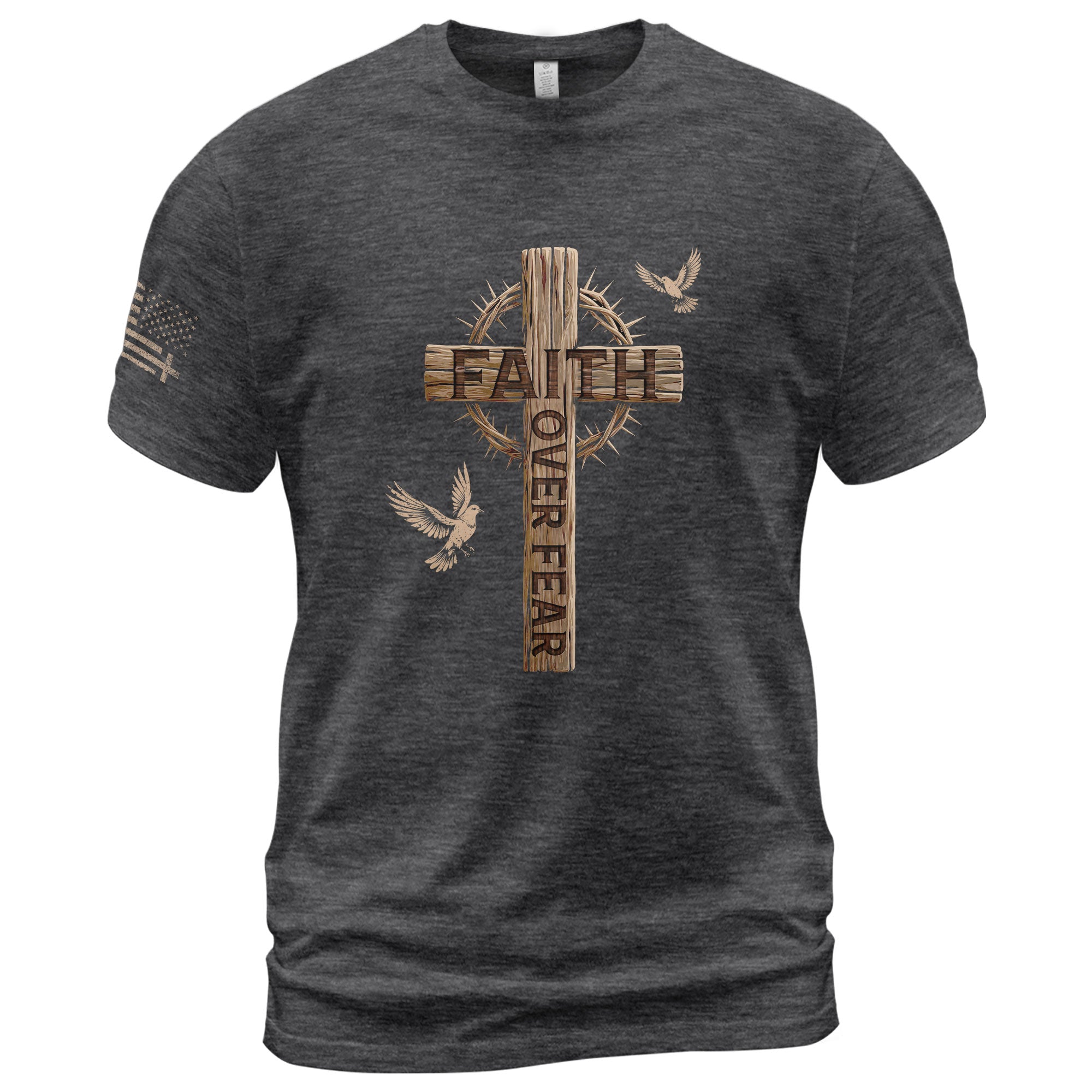 Faith Over Fear Christian Wooden Cross Crown of Thorns Design, Christian Tee Shirts - Faith Shirts for Men - Rust Field Wear
