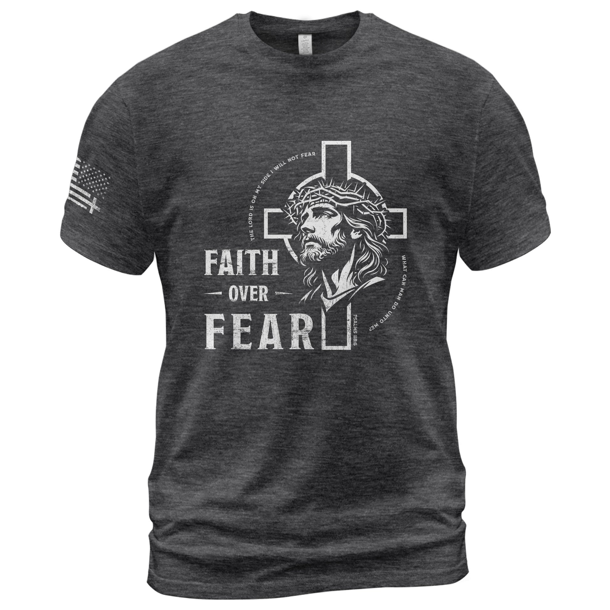 Faith Based Christian Tee Shirts, Faith Over Fear Christian Jesus Cross Crown of Thorns Design - Christian Shirts for Men - Rust Field Wear