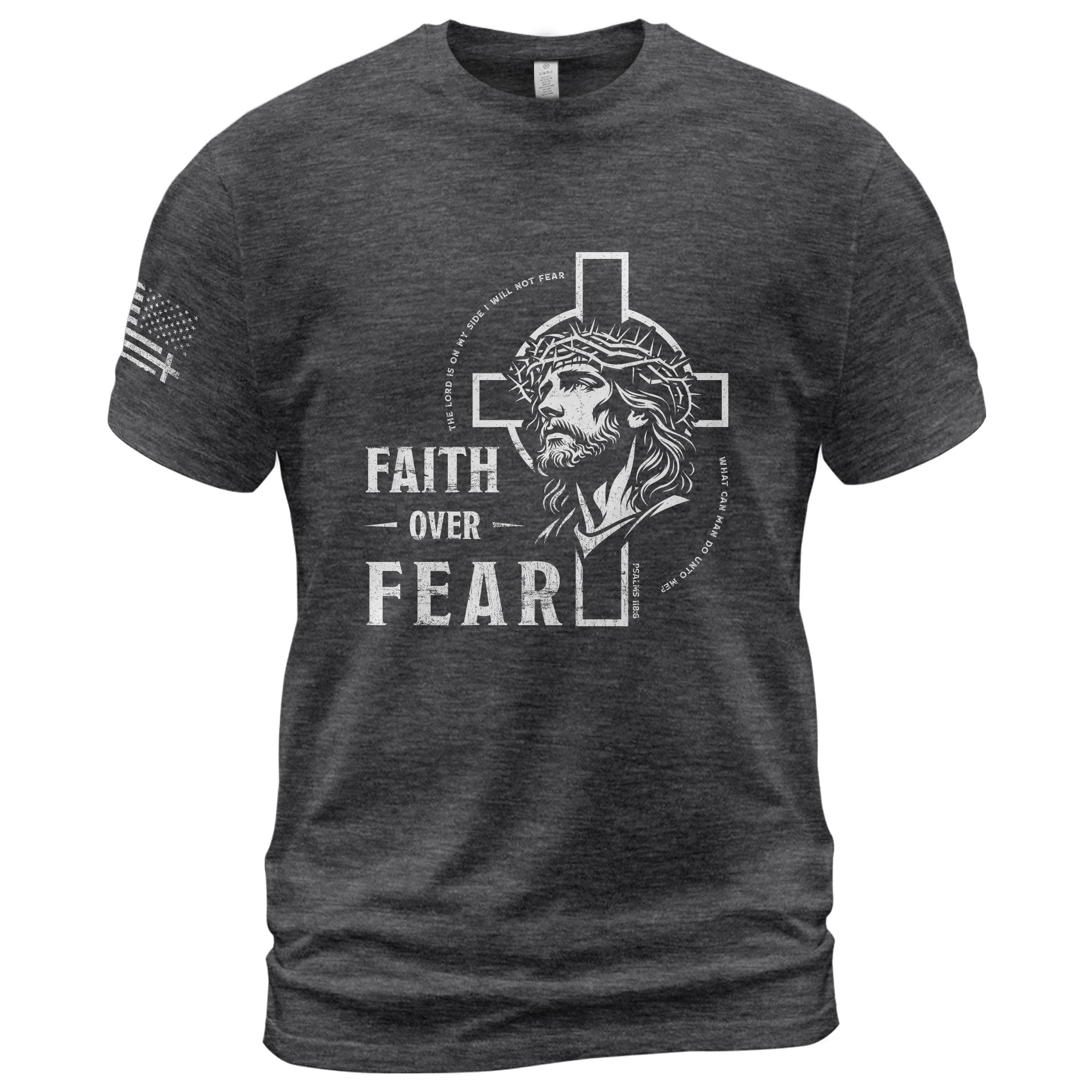 Faith Based Christian Tee Shirts, Faith Over Fear Christian Jesus Cross Crown of Thorns Design - Christian Shirts for Men - Rust Field Wear