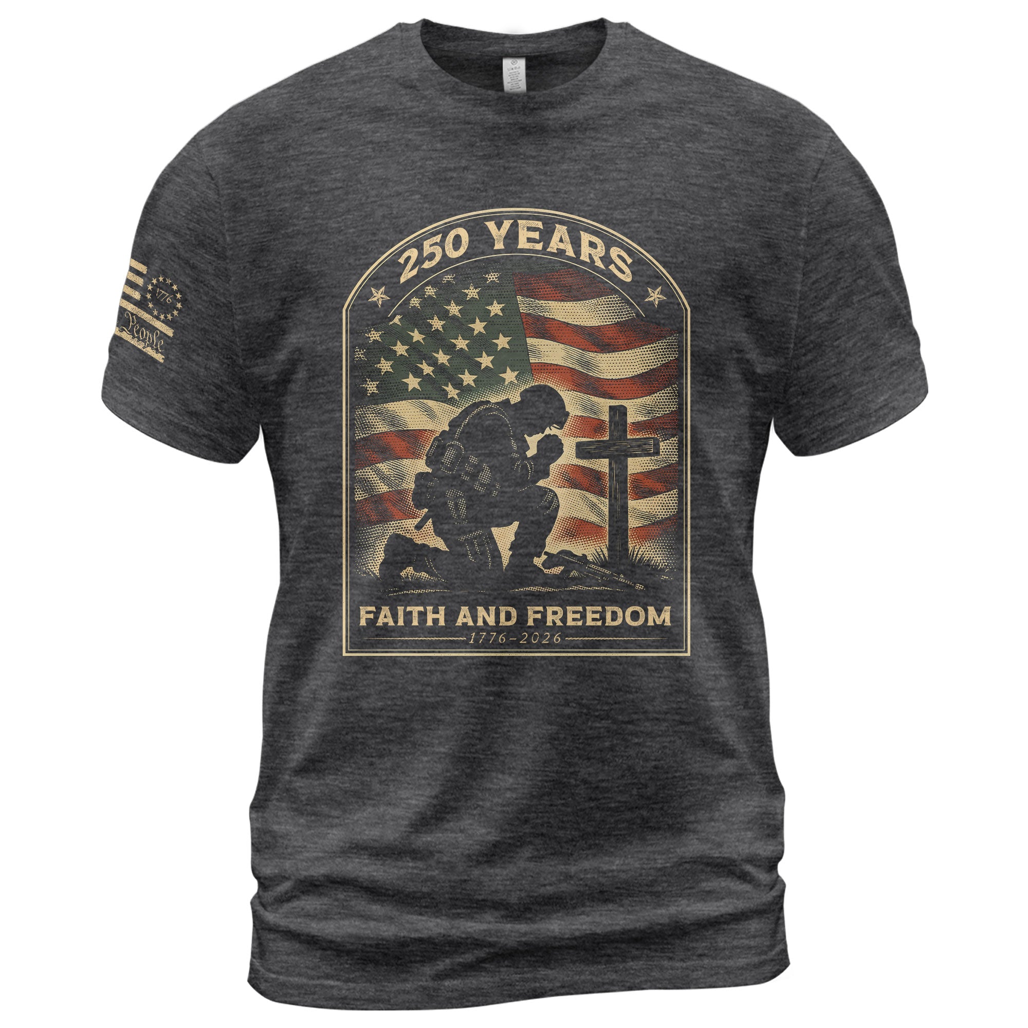 Faith and Freedom 250 Years 250th Anniversary Patriotic T-Shirt - Kneeling Soldier Prayer & American Flag Graphic Tee - Rust Field Wear