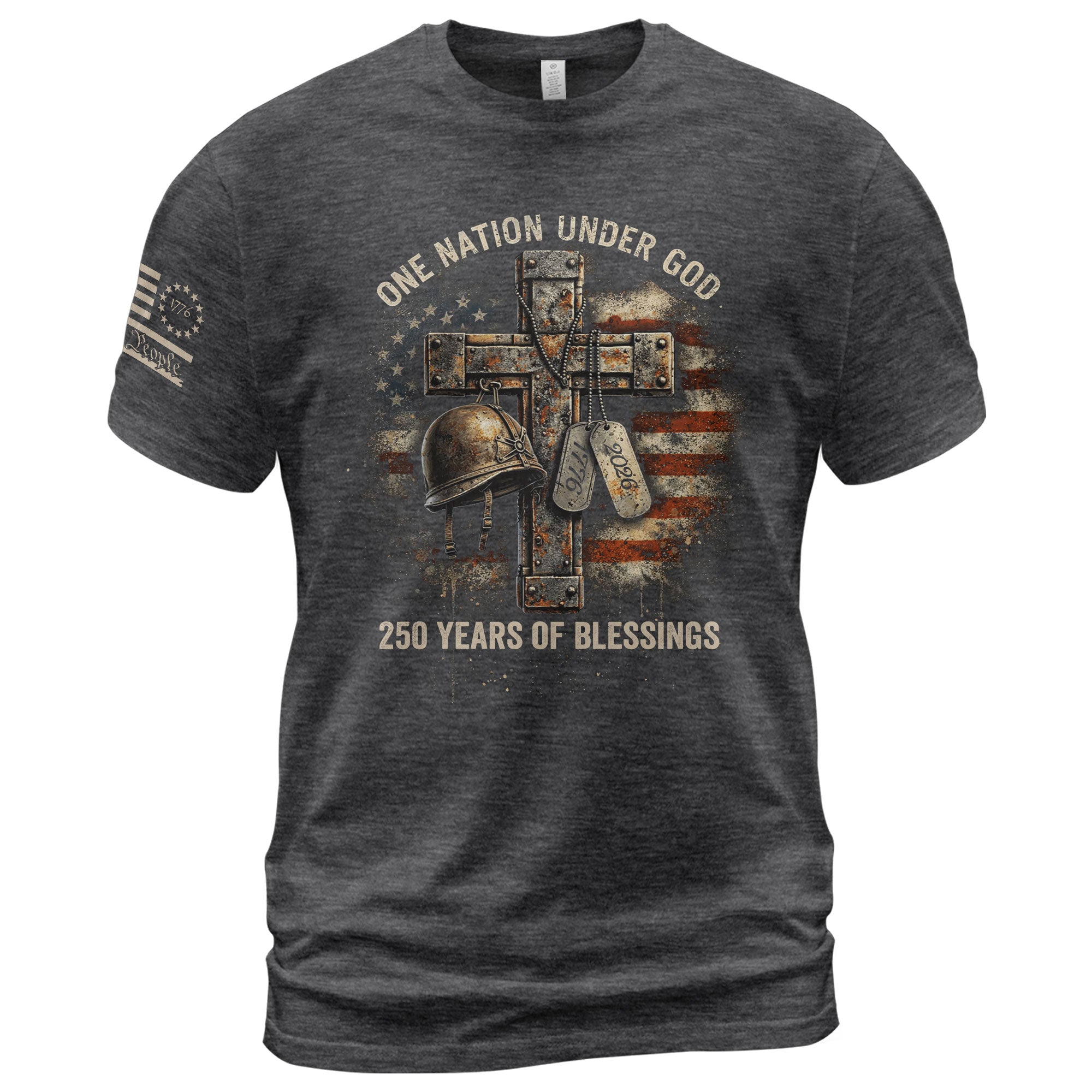 America 250th Anniversary T-Shirt 1776-2026 – Veteran Christian Cross & Dog Tags Tee - Rust Field Wear