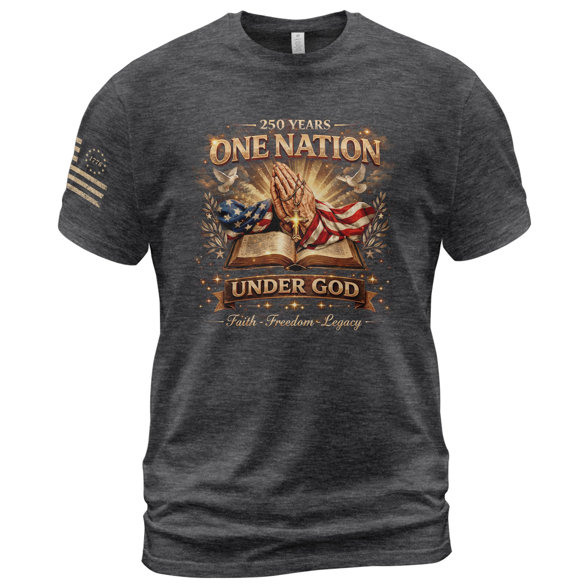 One Nation Under God 250th Birthday of America 1776-2026 T-Shirt – Faith Freedom Legacy Praying Hands Patriotic Merchandise - Rust Field Wear