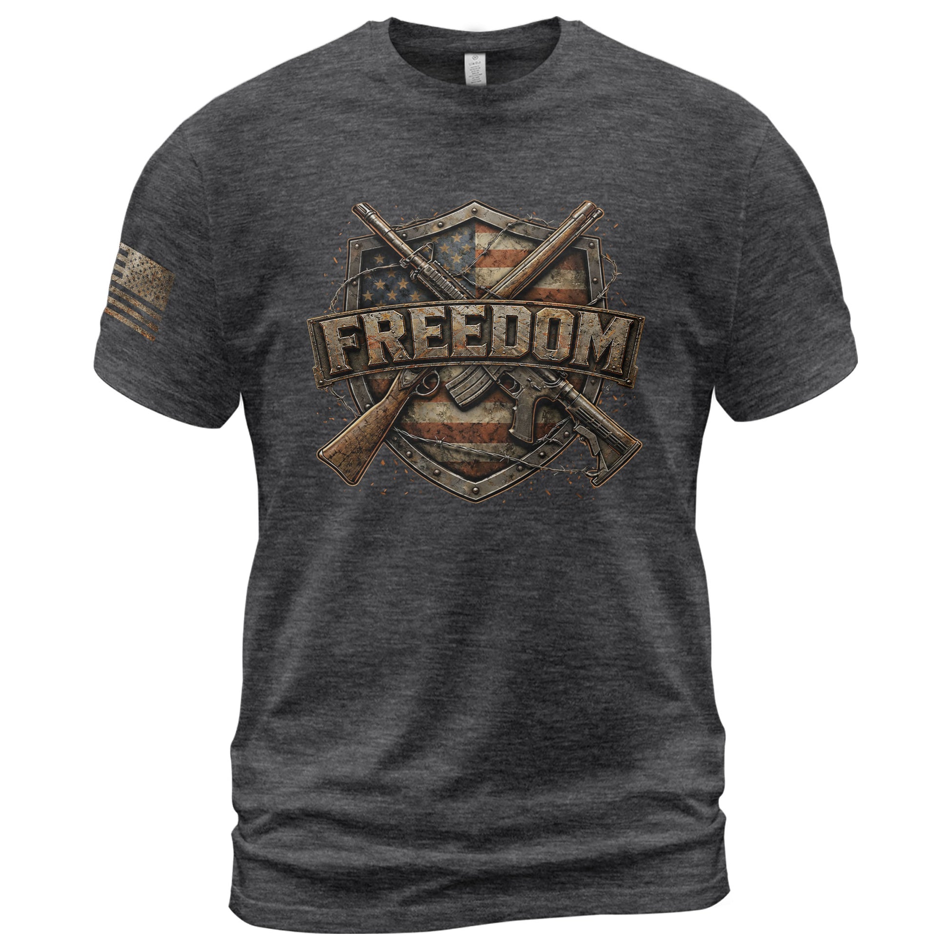 Freedom Shield Patriotic 2nd Amendment and American Flag Rifles - Freedom T Shirt, Patriotic Shirts for Men - Rust Field Wear