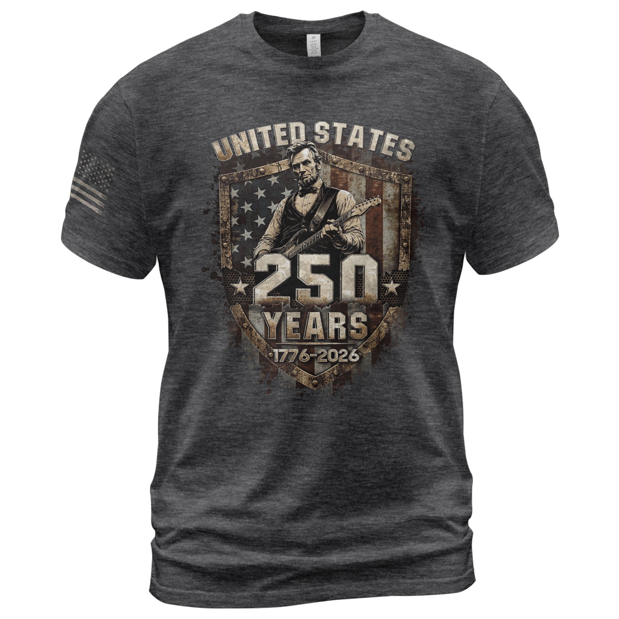 Rustic Shield Lincoln Guitar Shirt Vintage 1776 2026 US Flag Patriotic Grunge Men Tee - Rust Field Wear
