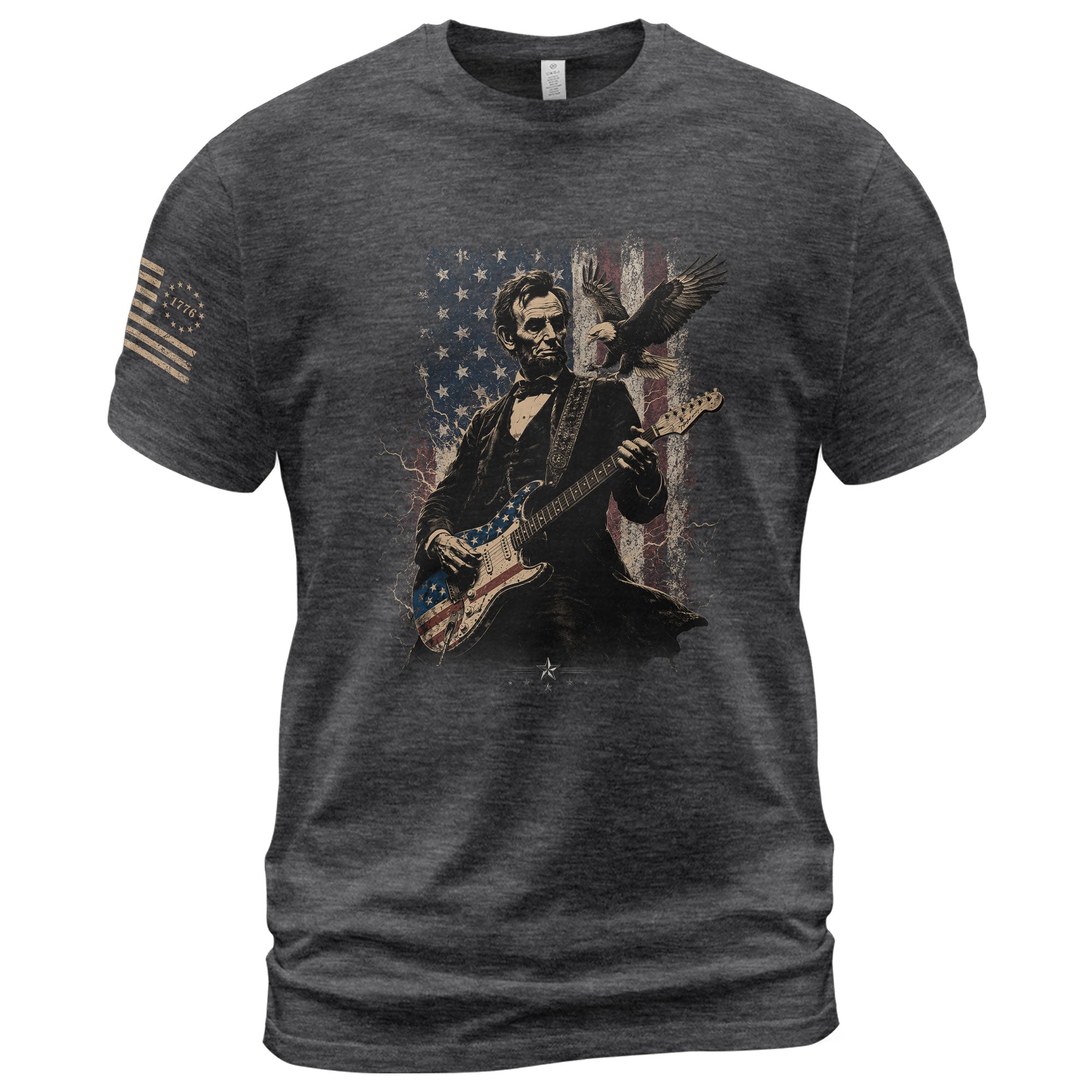 Abraham Lincoln Playing Guitar Shirt Patriotic Eagle US Flag Graphic Tee - Rust Field Wear