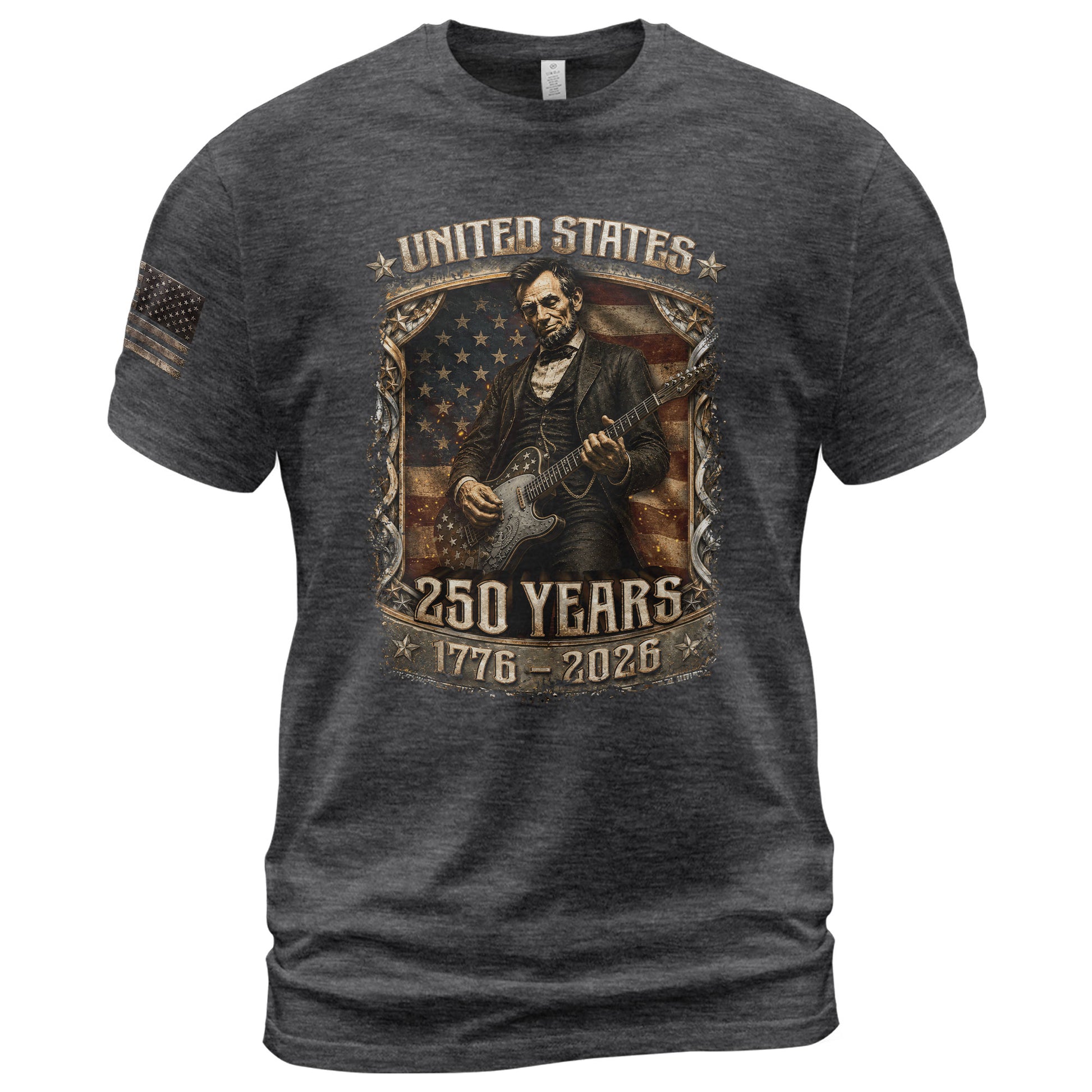 Abraham Lincoln T-Shirt Playing Guitar 1776 2026 Patriotic US Flag Retro Graphic Tee - Rust Field Wear