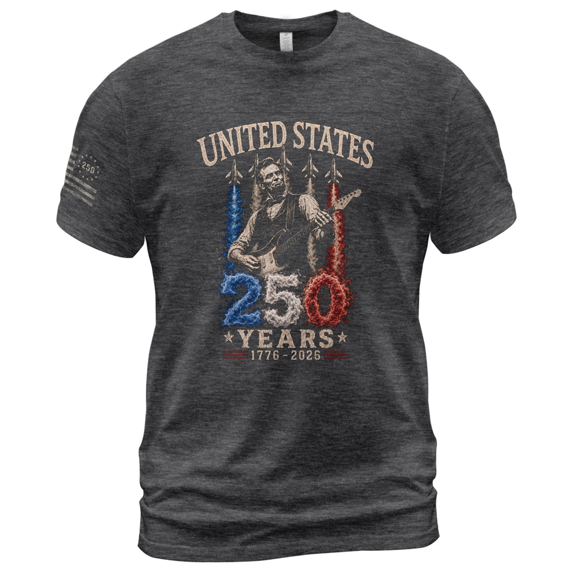 Mens T Shirt Patriotic Abraham Lincoln Guitar 1776-2026 250 Years Fighter Jet Rock Tee - Rust Field Wear