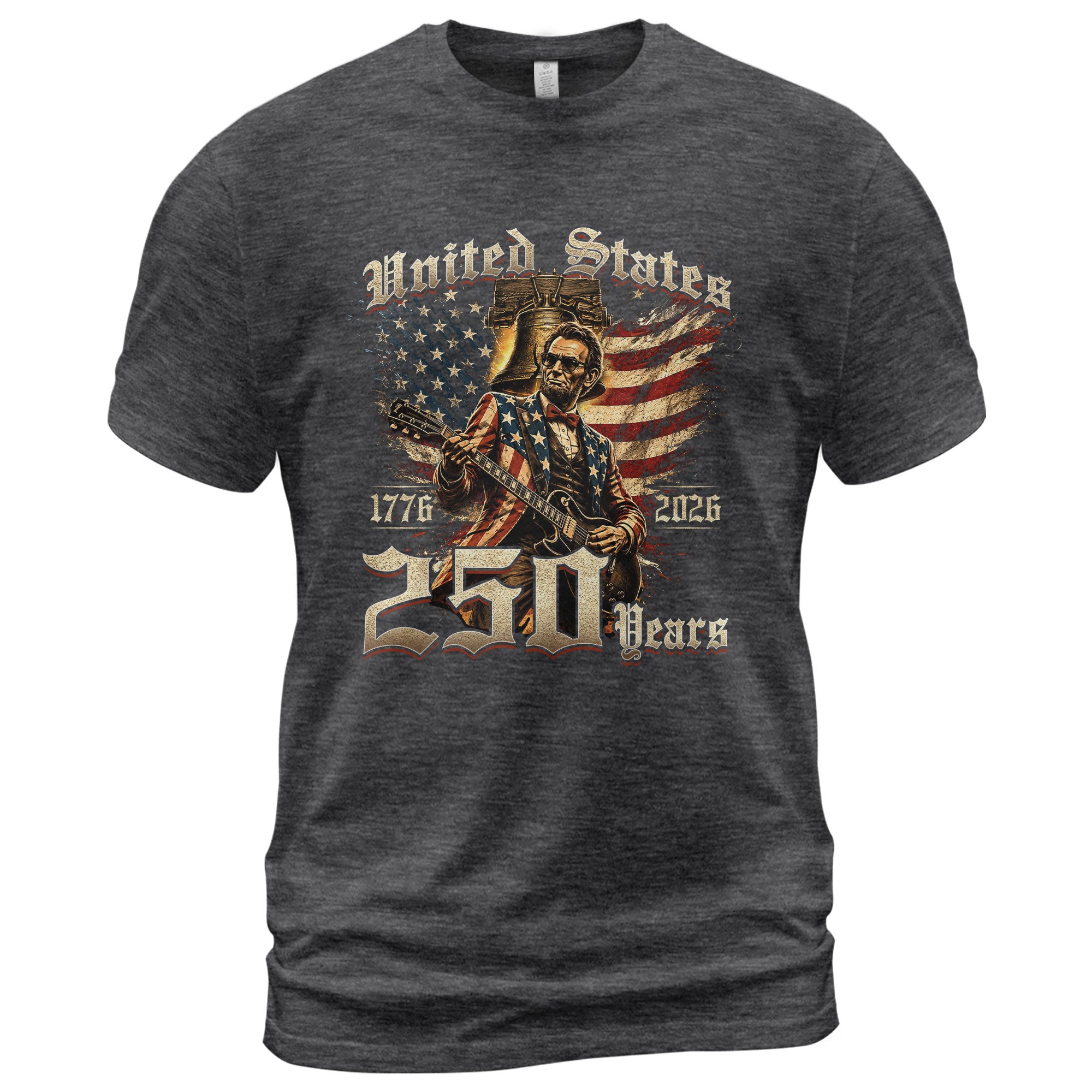 Lincoln Rock Guitar Patriotic T-Shirt - Vintage 1776 2026 Liberty Bell Graphic Tee - Rust Field Wear