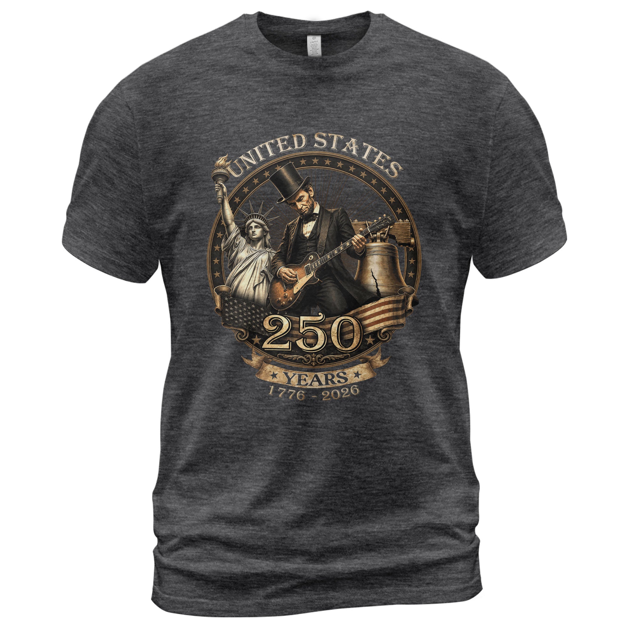 Lincoln Rock Guitar Patriotic T-Shirt - Vintage Statue of Liberty 1776 2026 Apparel - Rust Field Wear