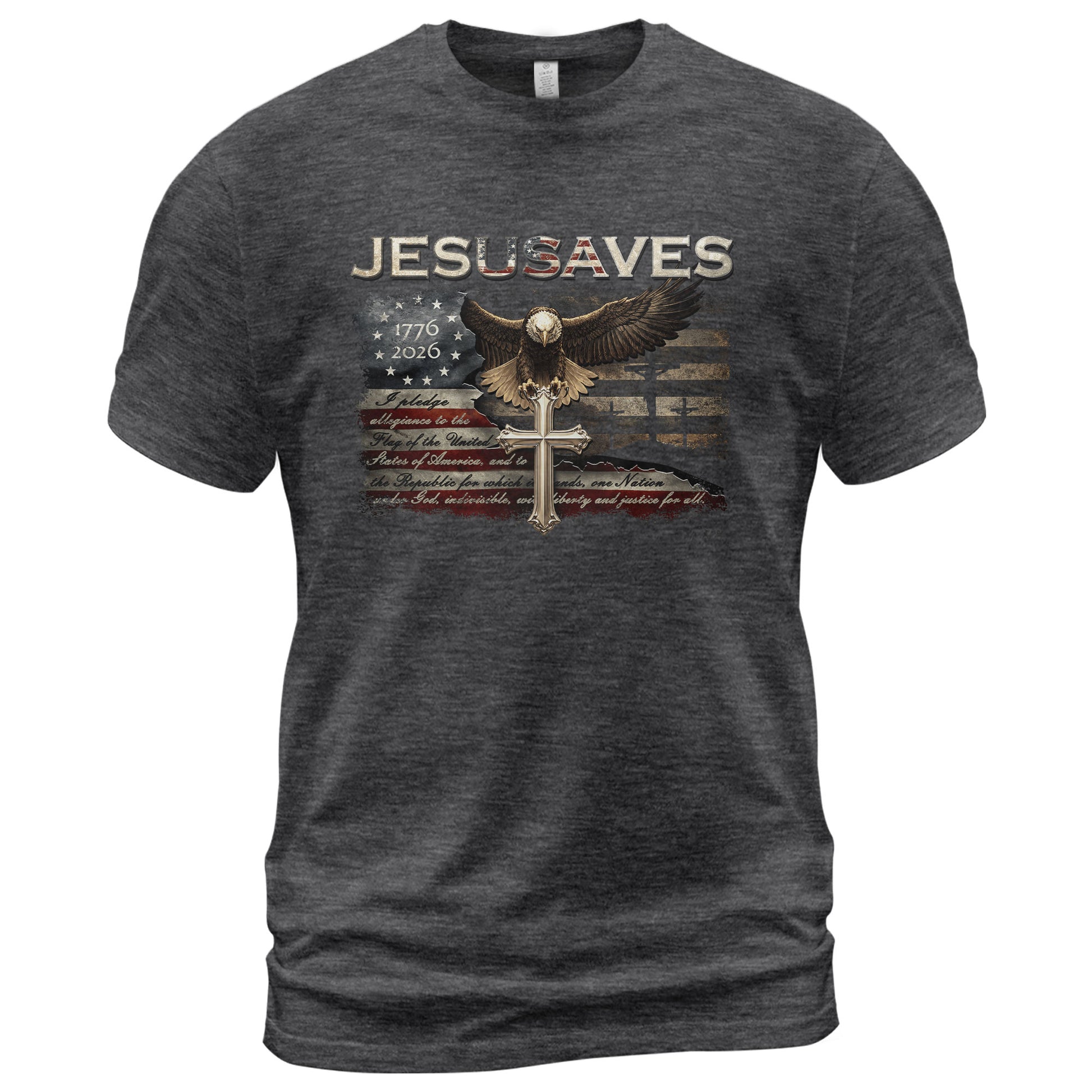 JESUSAVES Graphic T Shirt Patriotic American Eagle Cross Religious Faith Apparel - Rust Field Wear