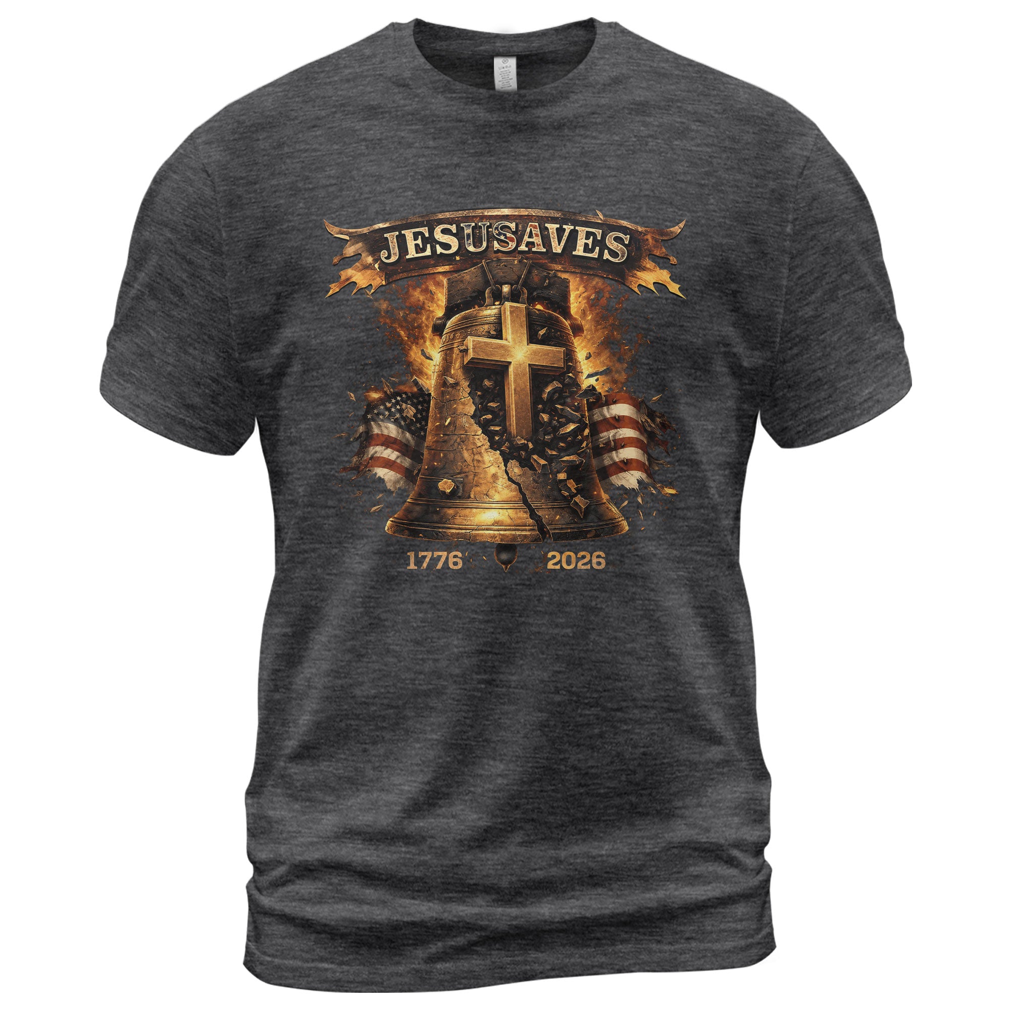 Faith Based JESUSAVES USA Flag Liberty Bell Graphic Tee 1776 to 2026 Commemorative Top - Rust Field Wear