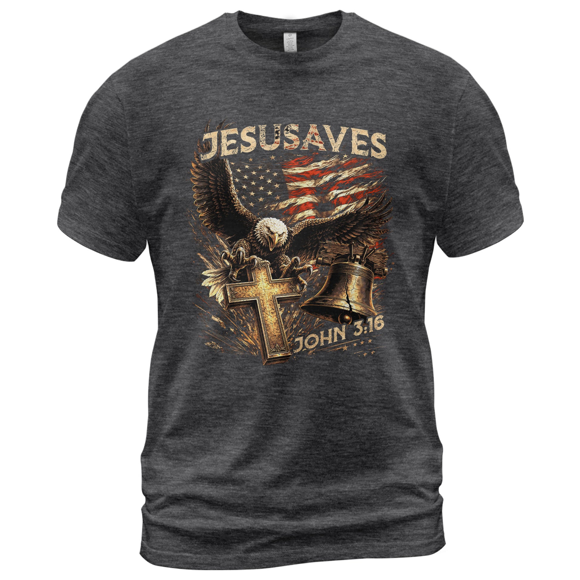 JESUSAVES John 3 16 Patriotic Graphic T Shirt American Eagle Cross Liberty Bell Tee - Rust Field Wear