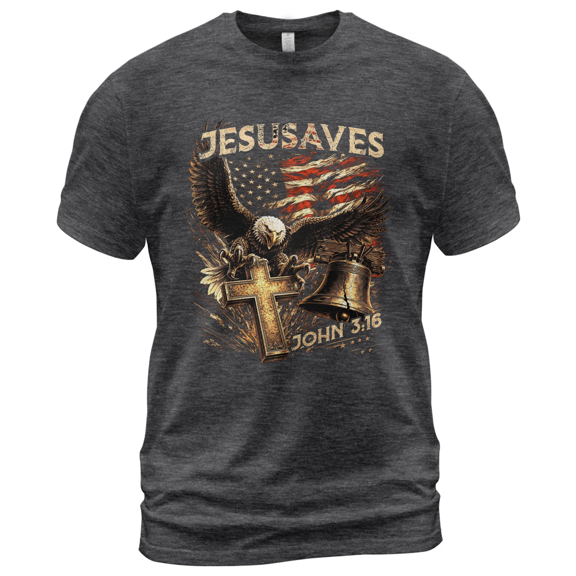 JESUSAVES John 3 16 Patriotic Graphic T Shirt American Eagle Cross Liberty Bell Tee - Rust Field Wear