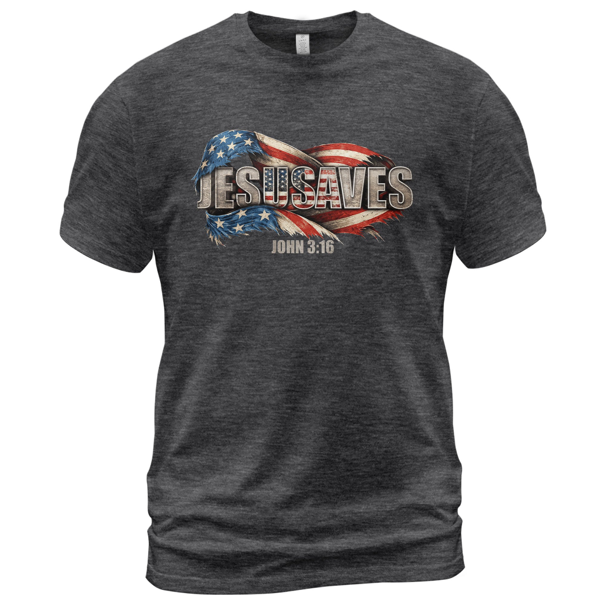Distressed Flag JESUSAVES Graphic T Shirt John 3 16 Spiritual Patriotic Cotton Top - Rust Field Wear