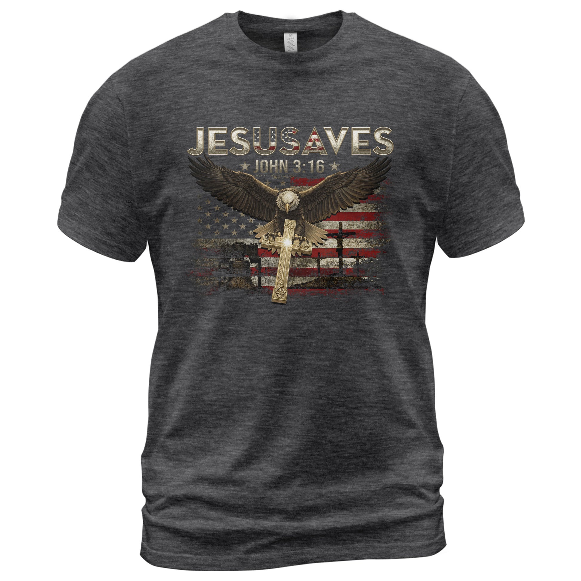 American Eagle JESUSAVES John 3 16 T Shirt Patriotic Religious Faith Graphic Cotton Tee - Rust Field Wear