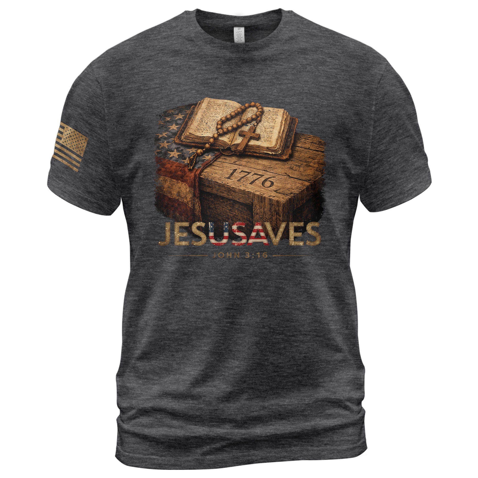 JESUSAVES 1776 Patriotic T-Shirt - Vintage American Flag Graphic Tee - Casual Apparel - Rust Field Wear