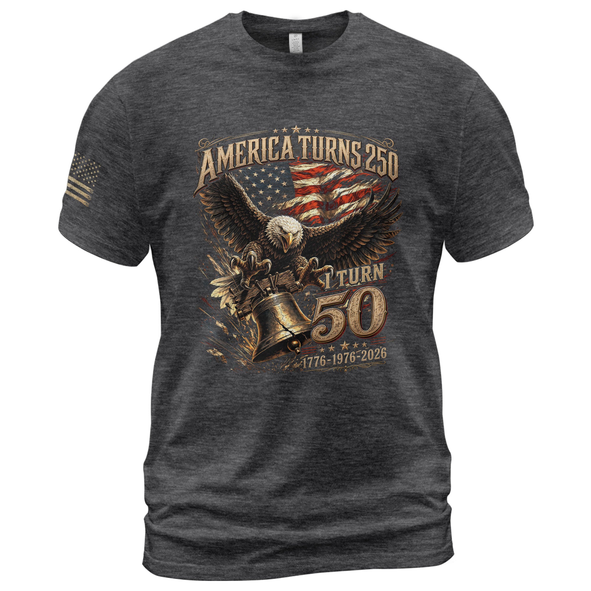 America Turns 250 I Turn 50 Eagle Bell Patriotic 50th Birthday 1976 T-Shirt Gift Tee - Rust Field Wear