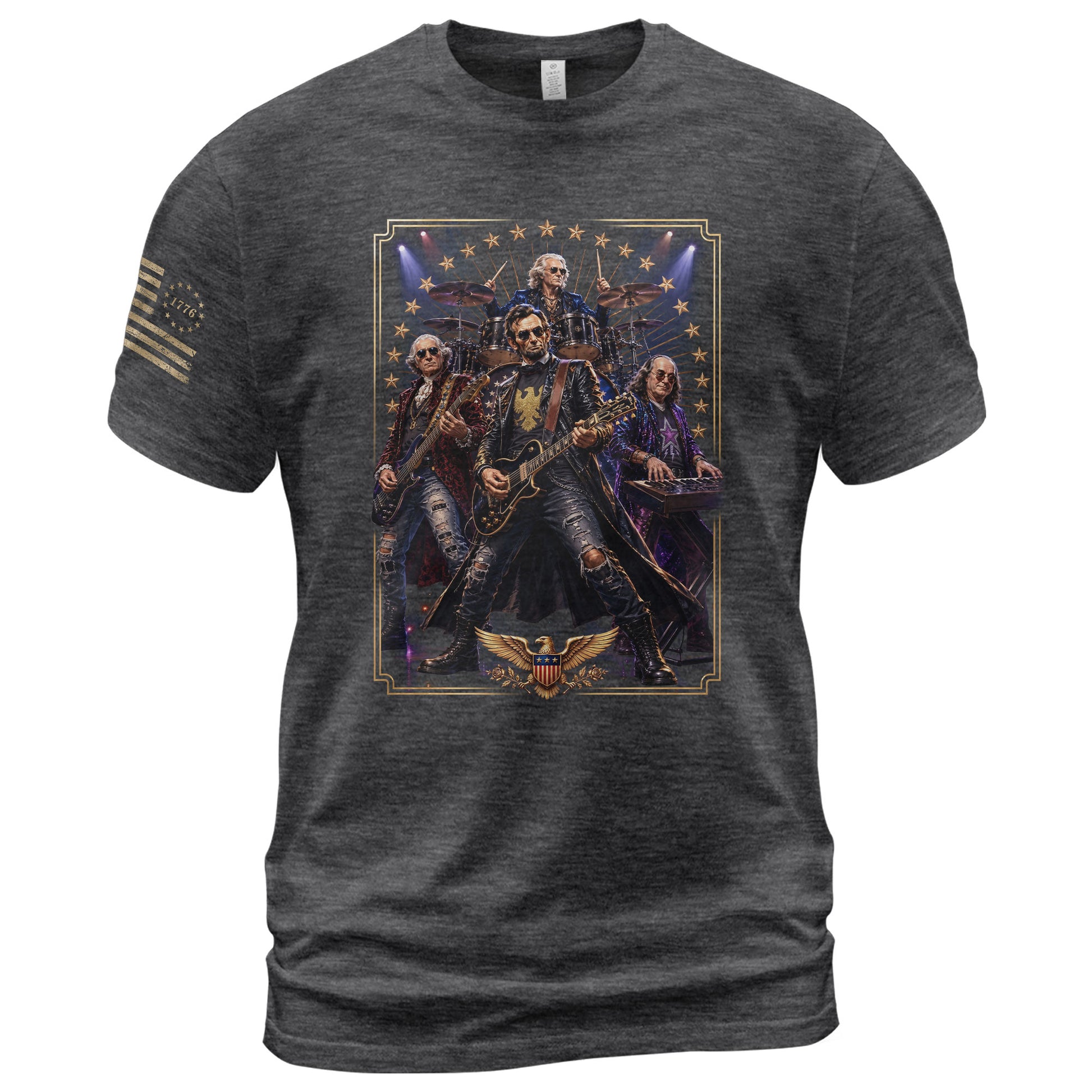 Patriotic Lincoln Guitar Player T-Shirt Vintage Rock Band Graphic Sleeve Tee - Rust Field Wear