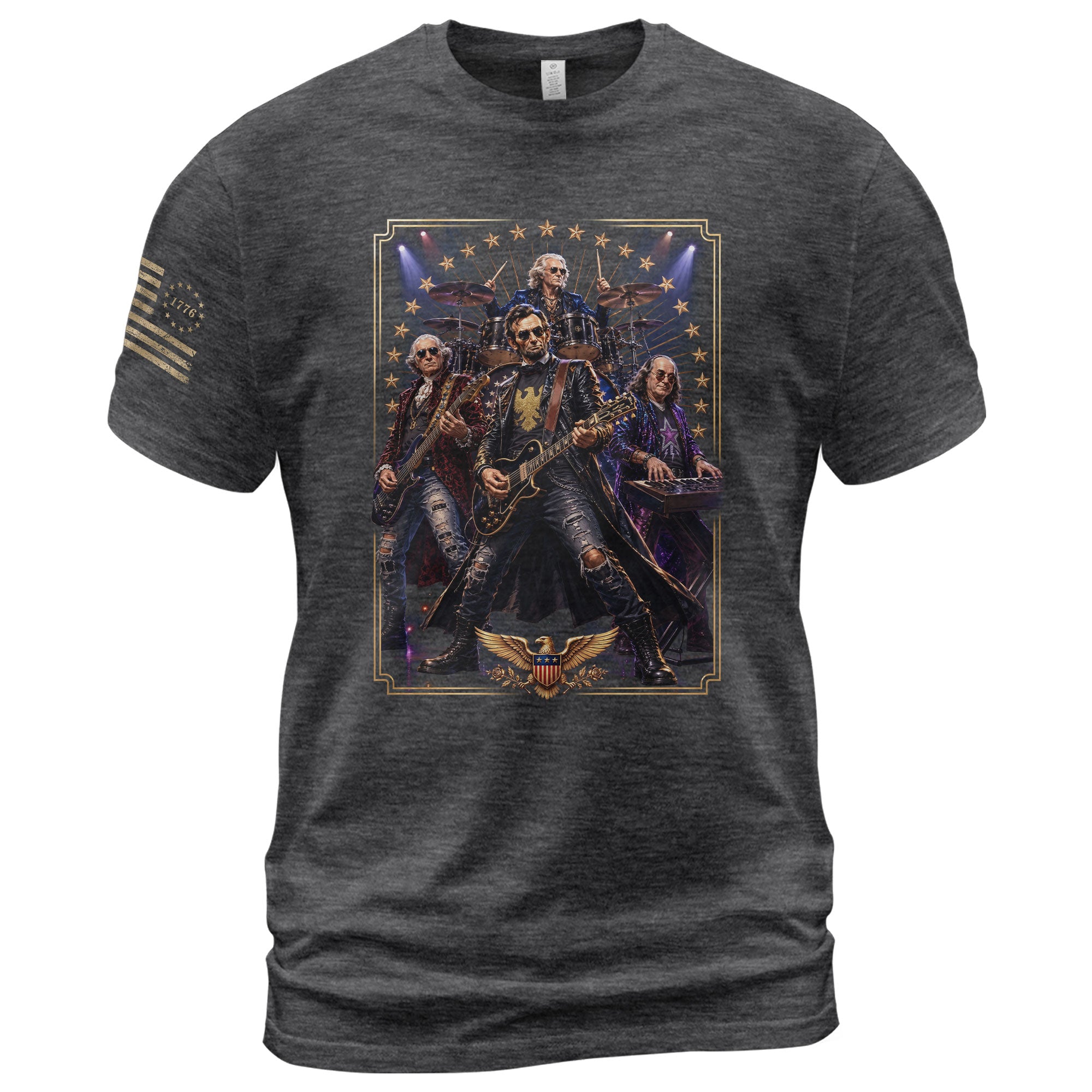 Patriotic Lincoln Guitar Player T-Shirt Vintage Rock Band Graphic Sleeve Tee - Rust Field Wear