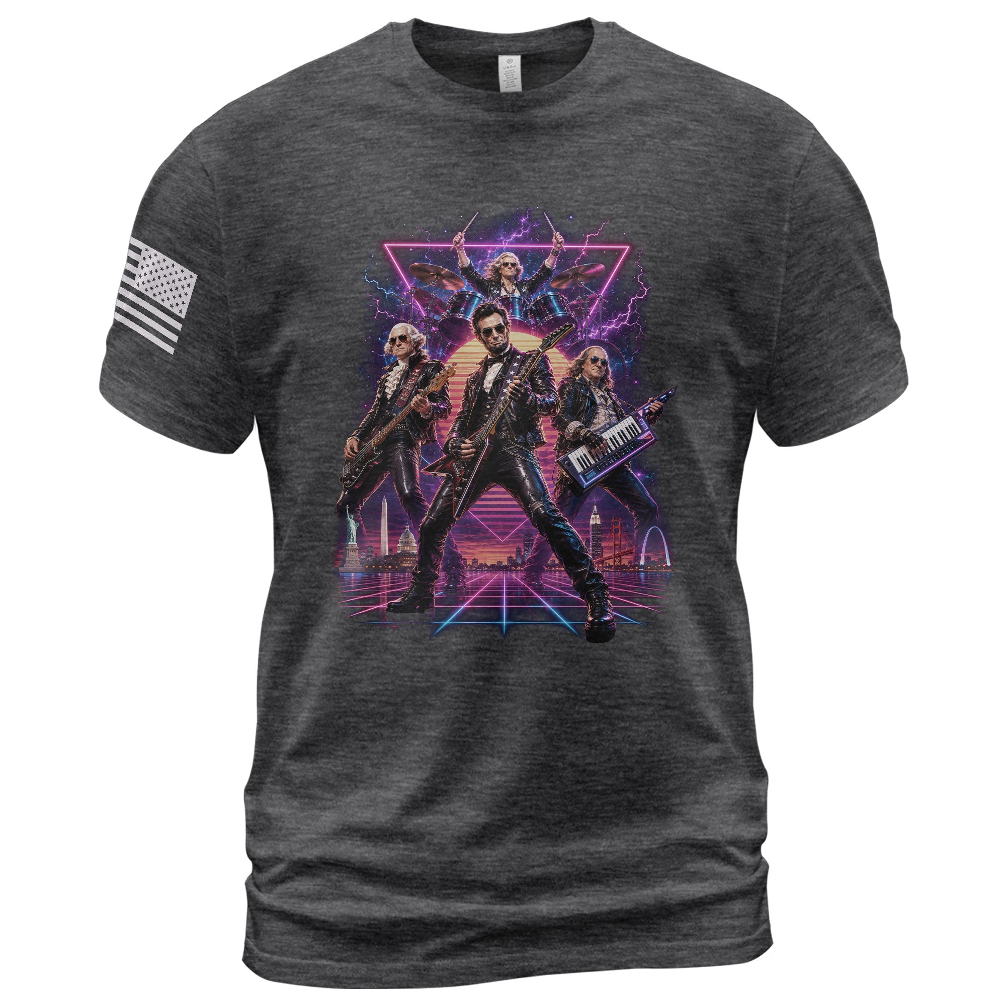 Retro Lincoln Guitar Player T-Shirt Neon Synthwave Rock Band Graphic Tee Gift - Rust Field Wear