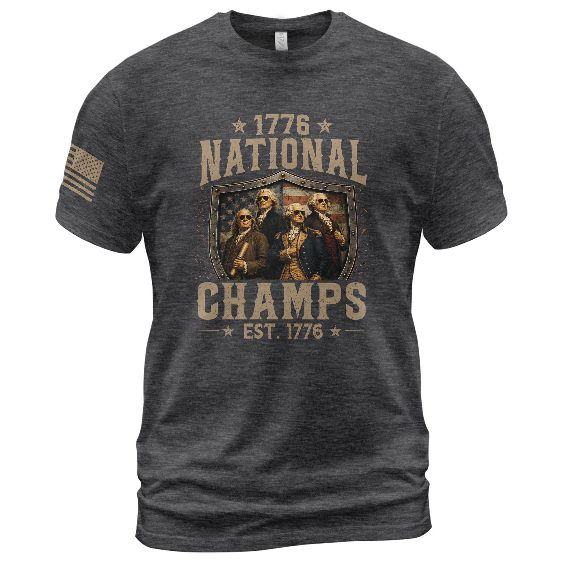 1776 National Champs Patriotic Shield Tee Founding Fathers Graphic Vintage Casual Apparel - Rust Field Wear