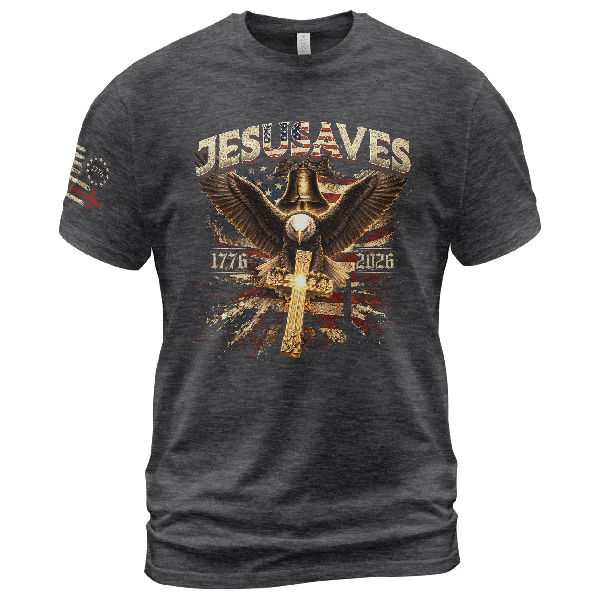 JESUSAVES T-Shirt Patriotic 1776 2026 Liberty Bell Bald Eagle Christian Cross Tee - Rust Field Wear