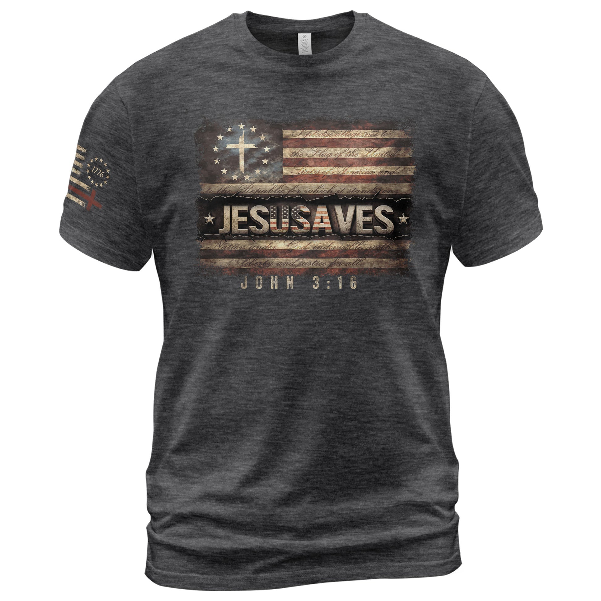 JESUSAVES T-Shirt John 3:16 Pledge of Allegiance Christian Cross Patriotic US Flag Tee - Rust Field Wear
