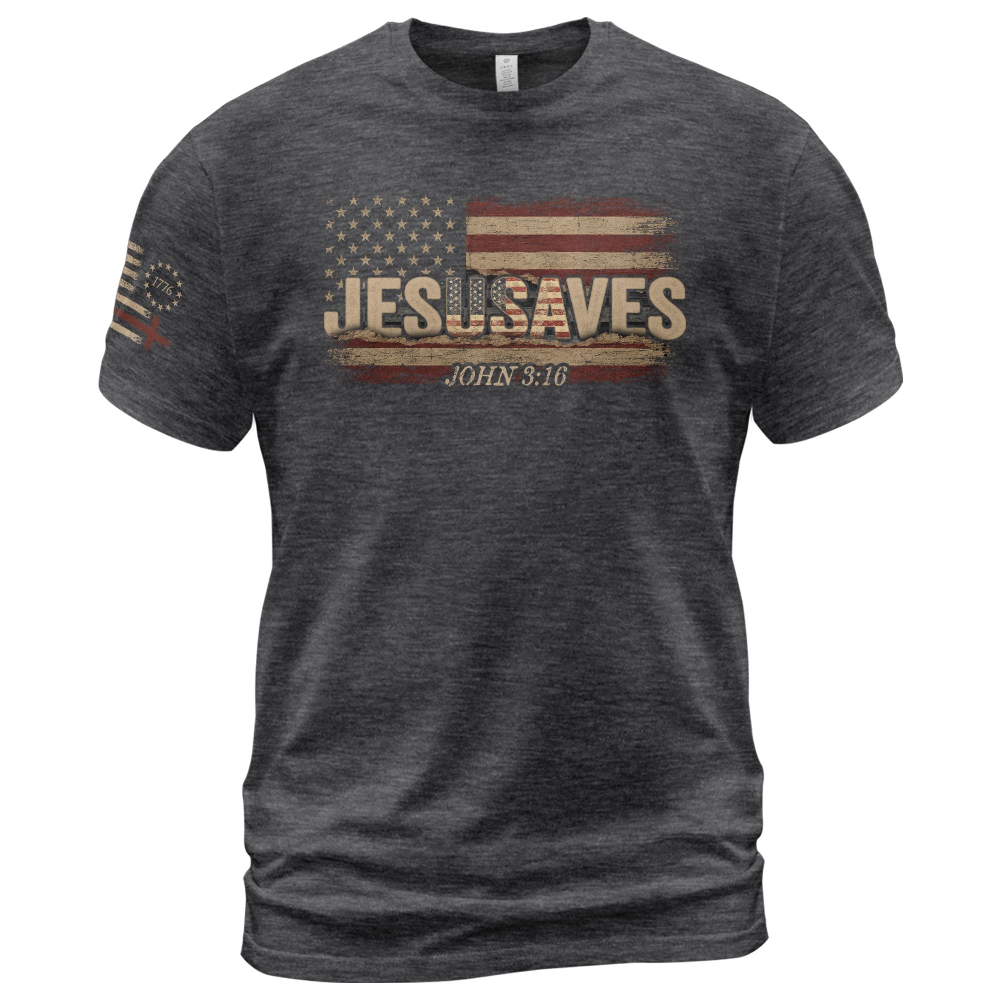 JESUSAVES T-Shirt John 3:16 Patriotic American Flag Distressed Christian Faith Tee - Rust Field Wear