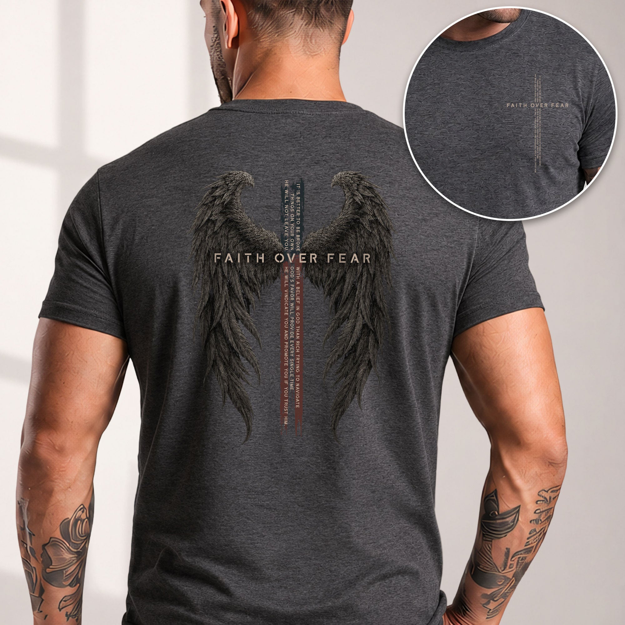 Faith Over Fear Shirt Christian Angel Wings Cross T-Shirt Inspirational Religious Tee - Rust Field Wear