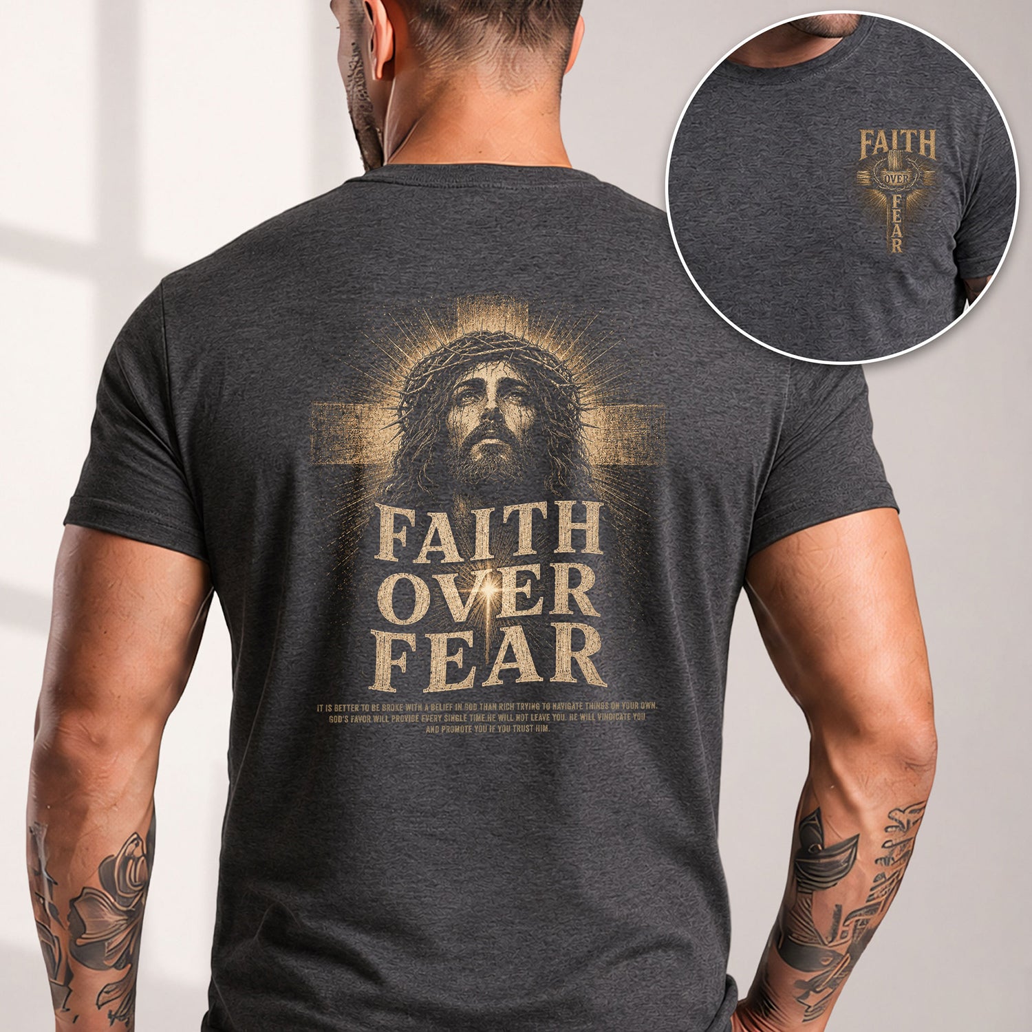 Inspirational Christian T-Shirt Faith Over Fear Jesus Portrait Casual Cotton Top - Rust Field Wear
