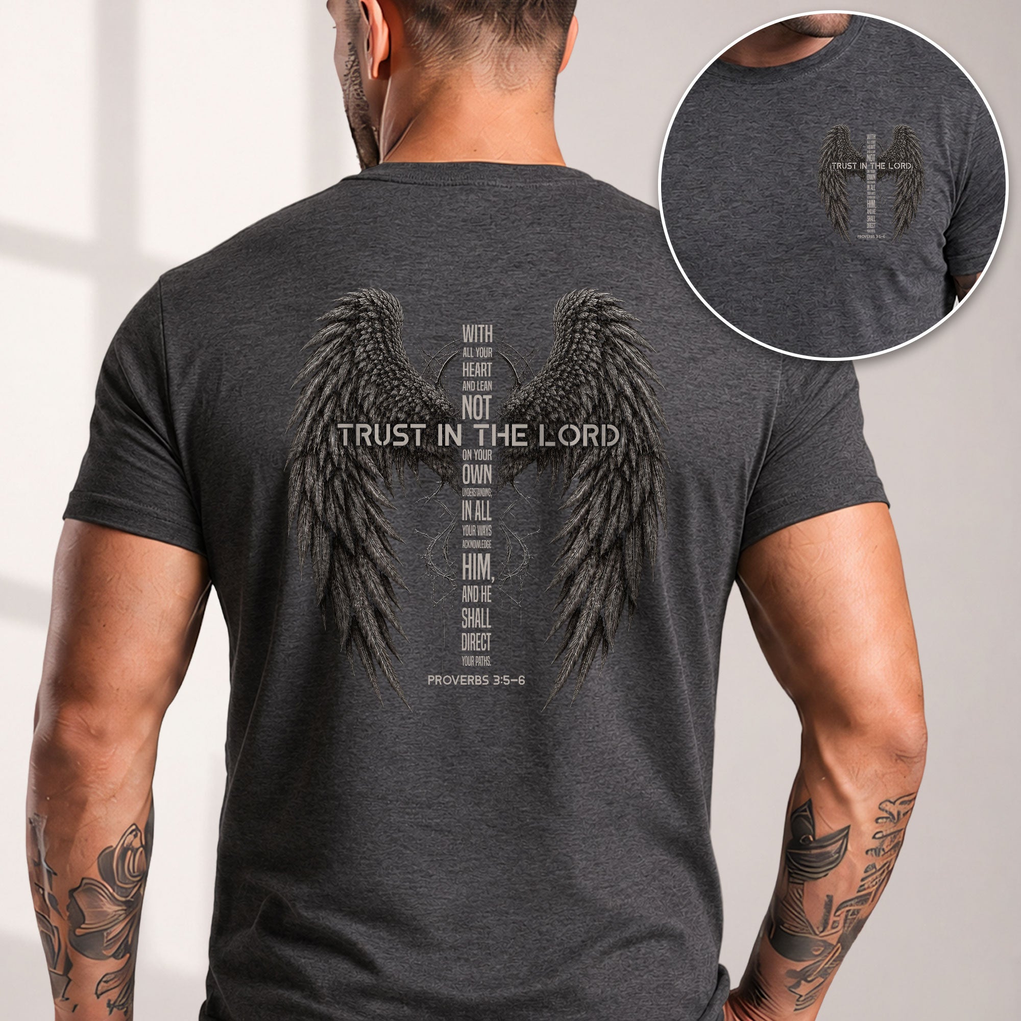 Trust In The Lord T Shirt Christian Bible Verse Angel Wings Faith Tee Apparel Top - Rust Field Wear