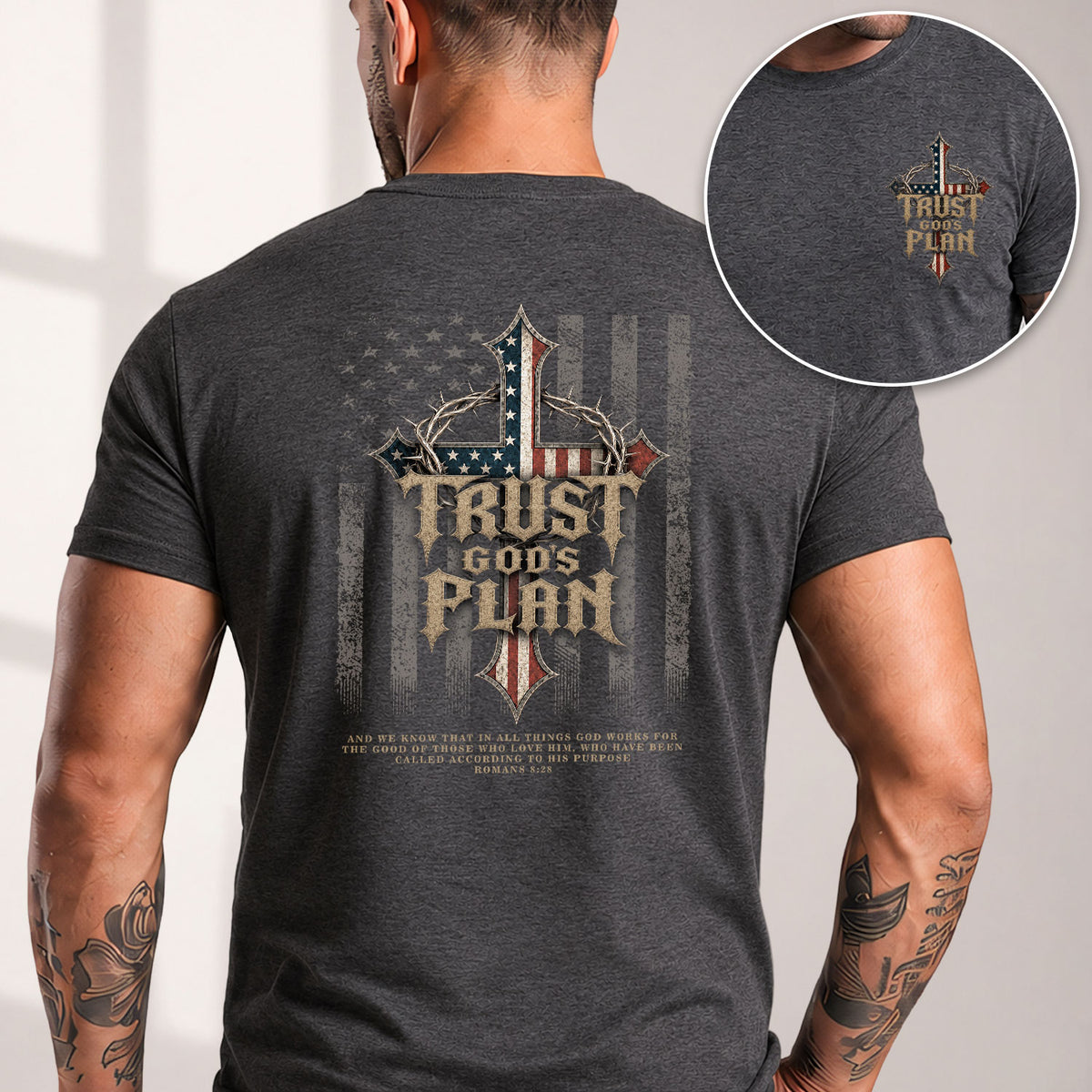 Trust Gods Plan Crown Of Thorns Cross American Flag Mens Graphic T Shirt Clothing - Rust Field Wear