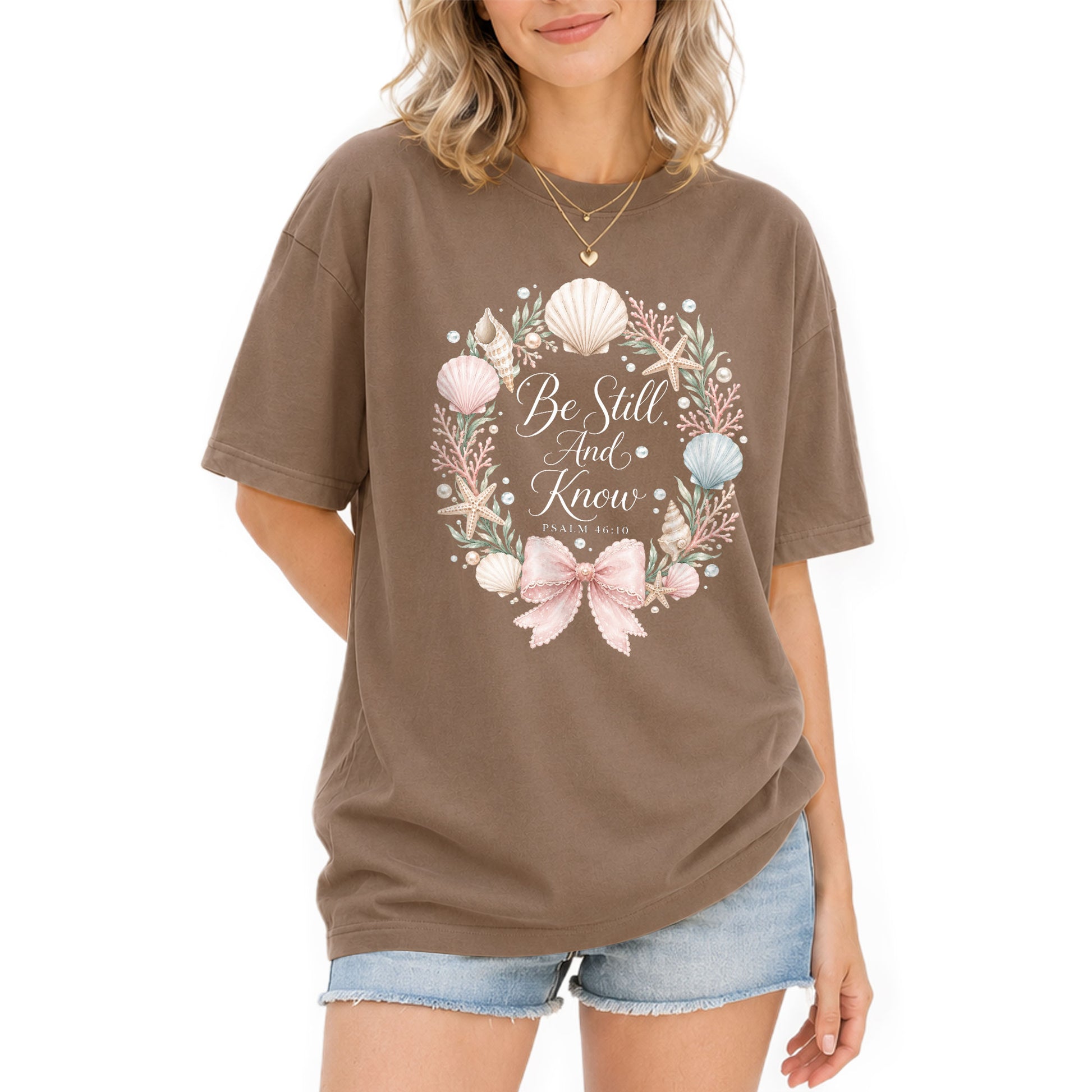 Be Still And Know Shirt Seashell Wreath Beach Christian Psalm 46 10 Faith Graphic Tee - Rust Field Wear