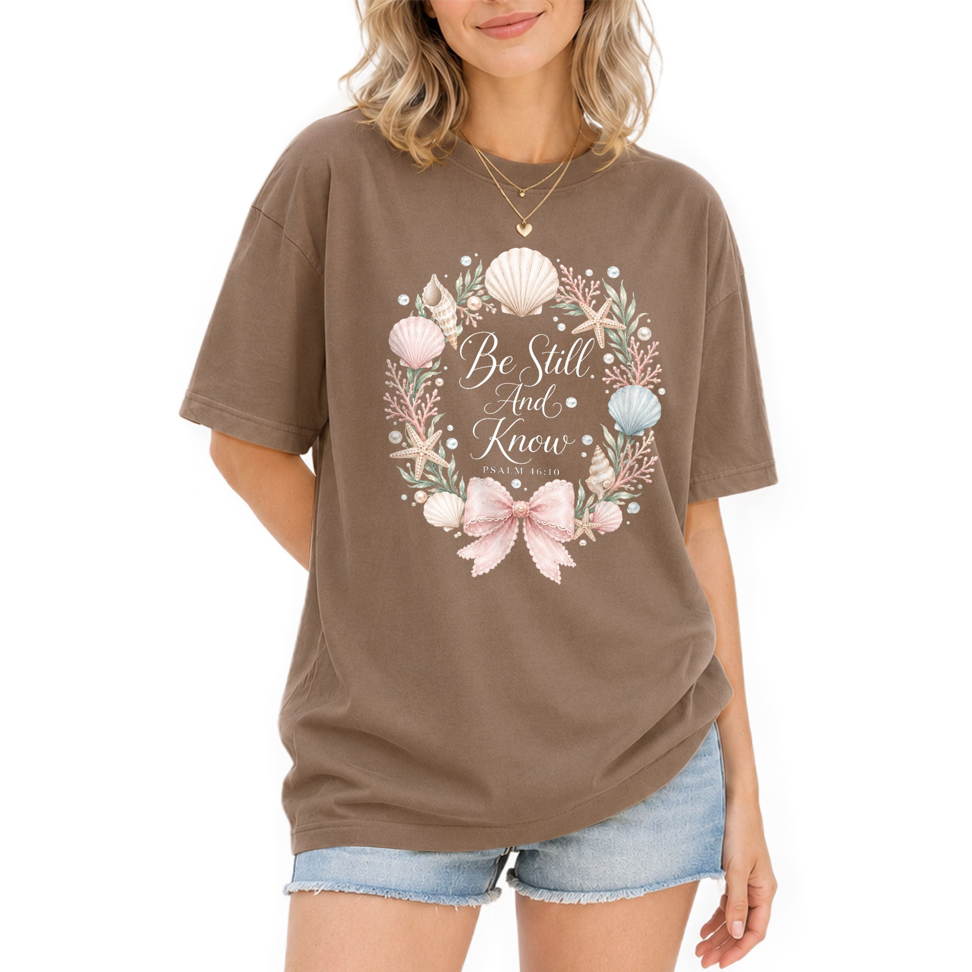 Be Still And Know Shirt Seashell Wreath Beach Christian Psalm 46 10 Faith Graphic Tee - Rust Field Wear